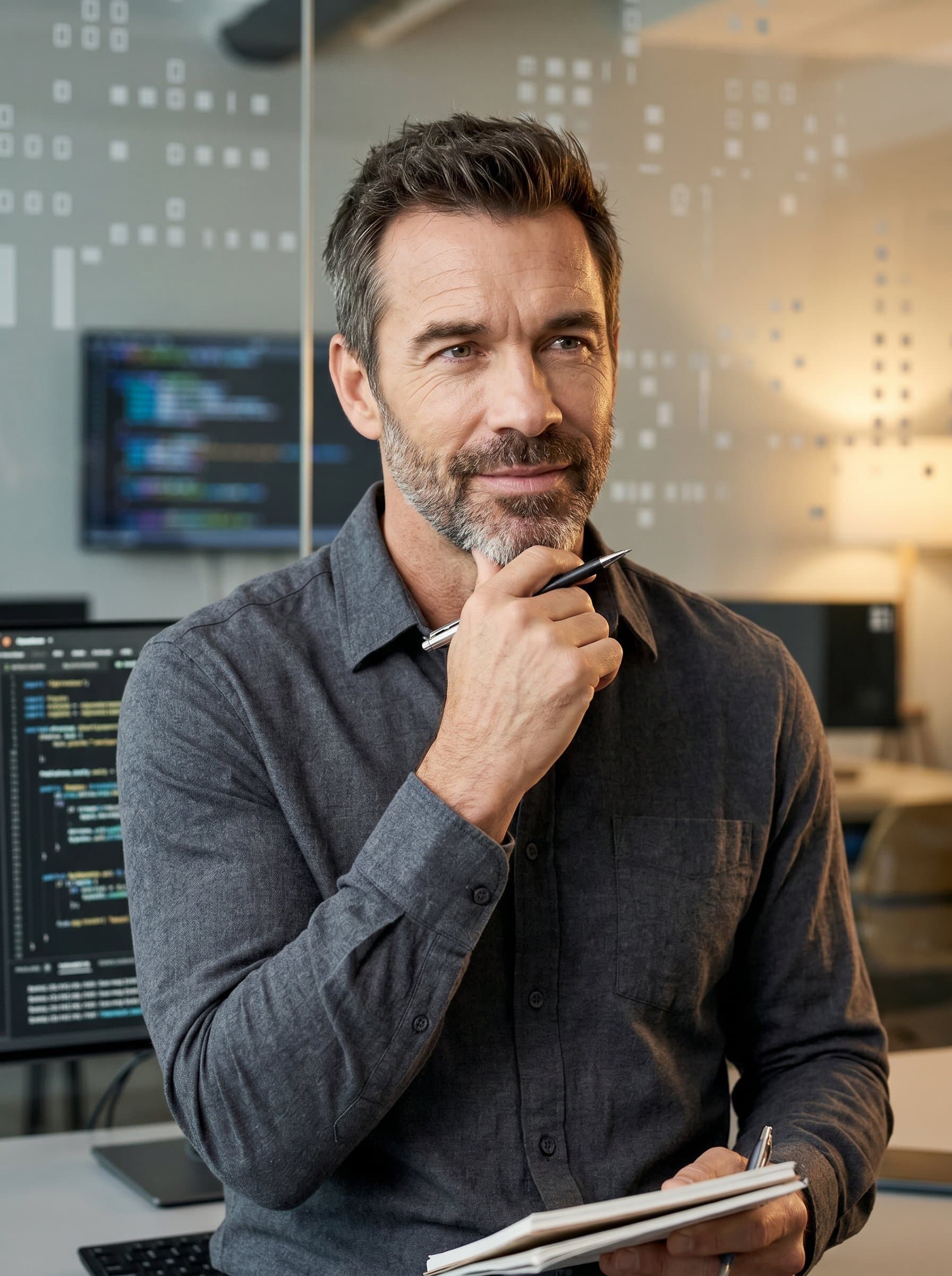 with a subtle tech-themed background, wearing a simple yet professional shirt, showcasing a blend of creativity and expertise through a thoughtful expression.