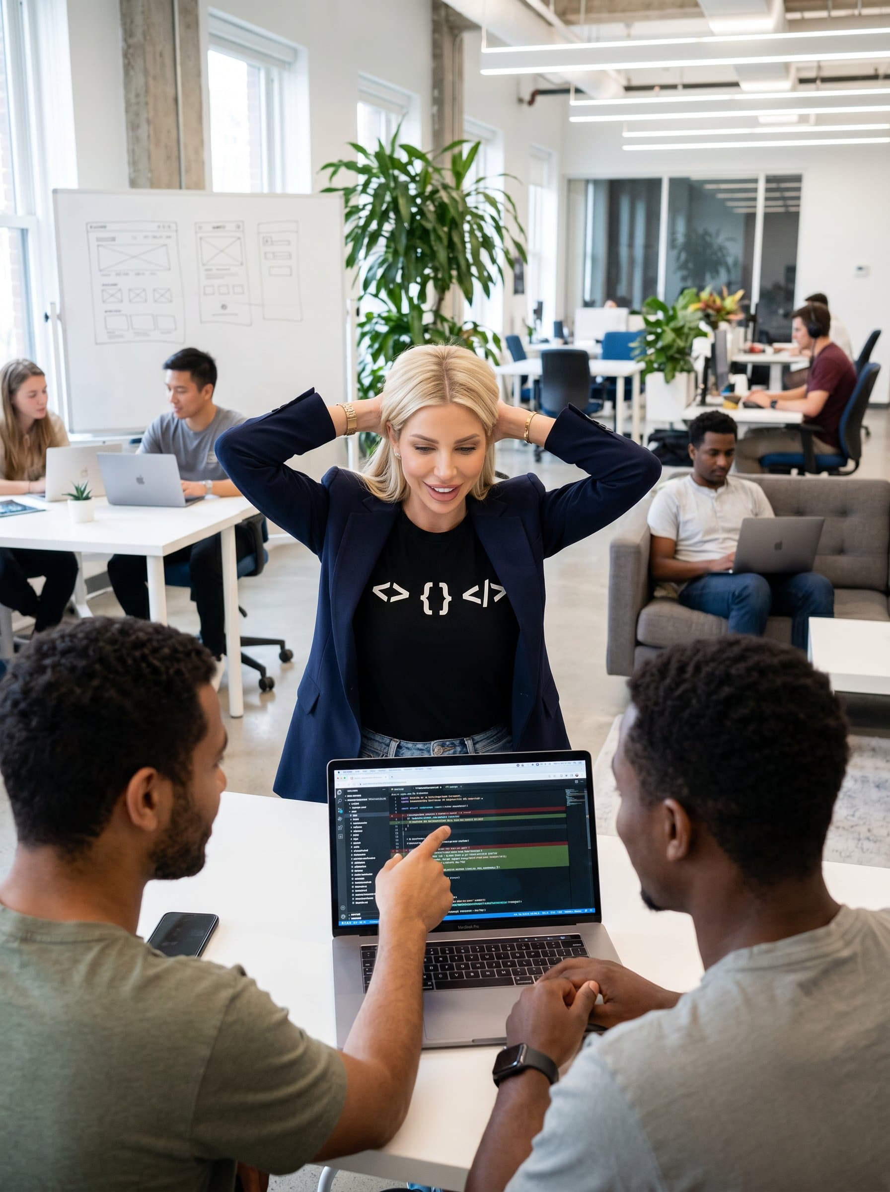 in a co-working space, casual blazer over a t-shirt with coding symbols, demonstrating the collaborative and flexible nature of modern web development.