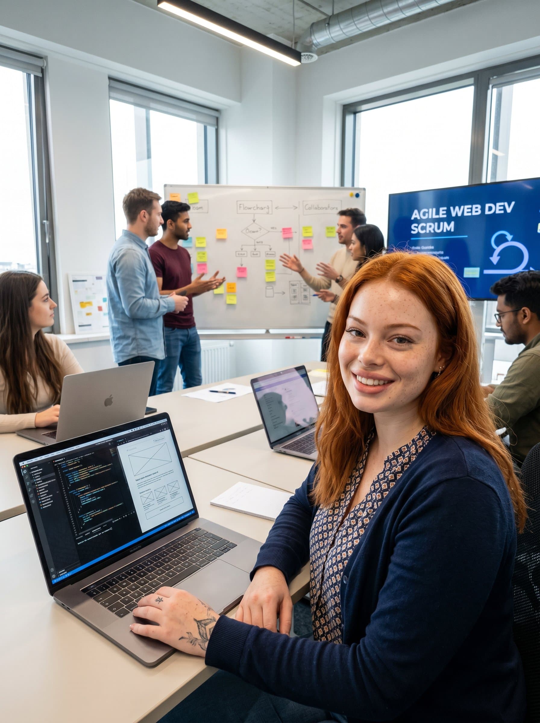 in a modern office with visible team collaboration in the background, suggesting teamwork and an open-minded approach to web development.