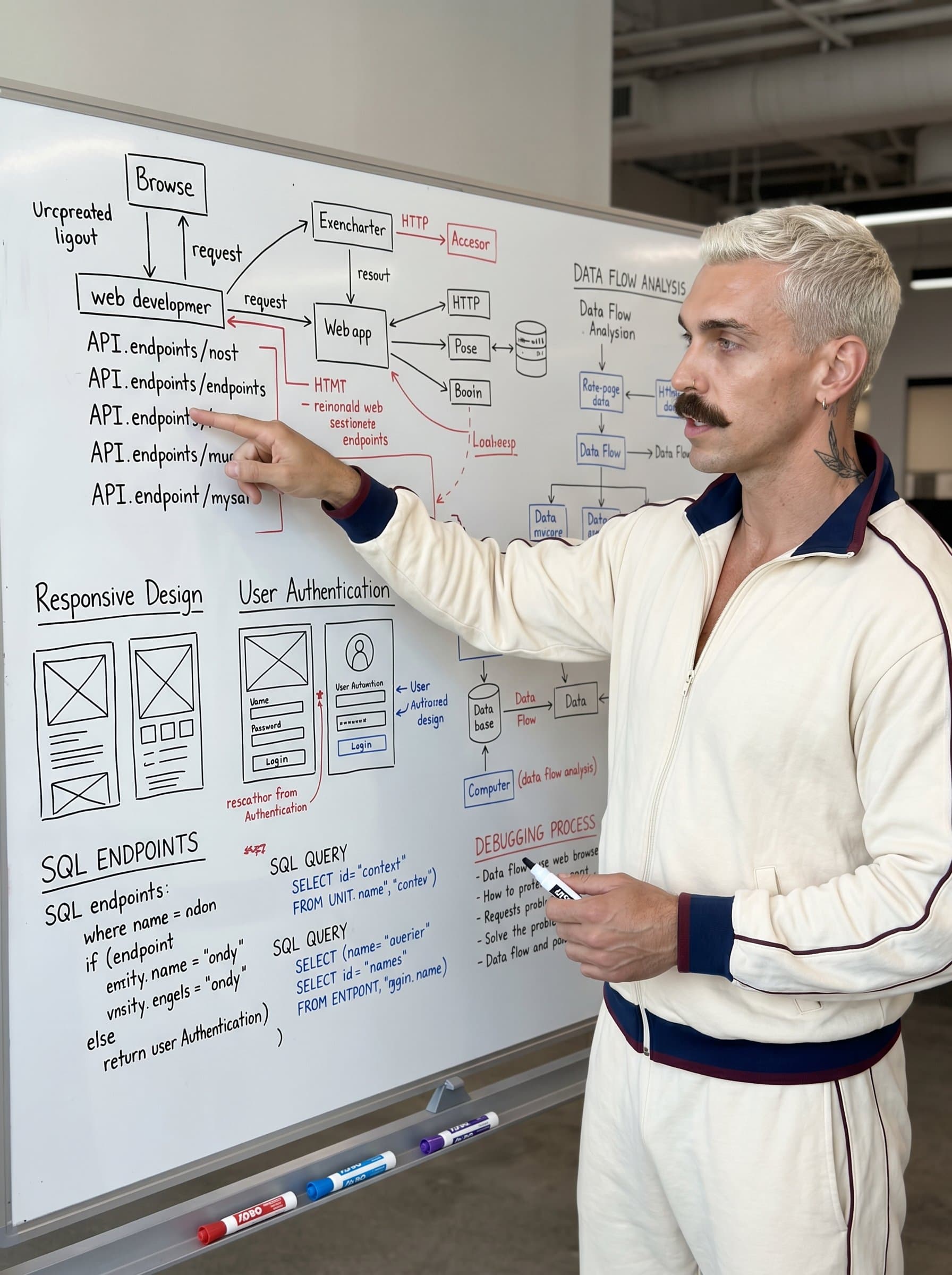 in front of a whiteboard filled with diagrams and wireframes, illustrating analytical skills and problem-solving abilities, key traits of a web developer.