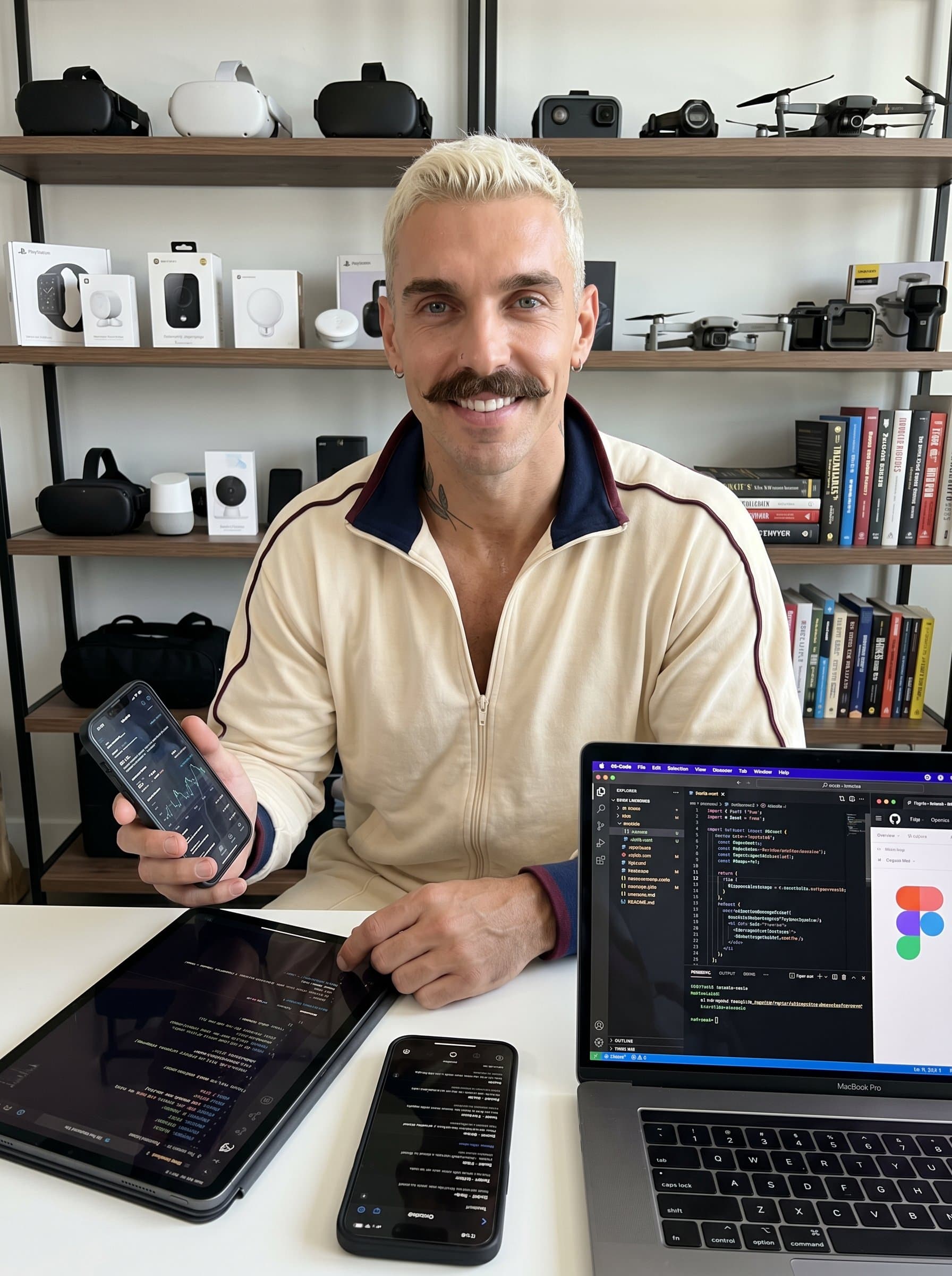 with a background of various tech devices, showcasing versatility and an affinity for exploring new tools and technologies in web development.