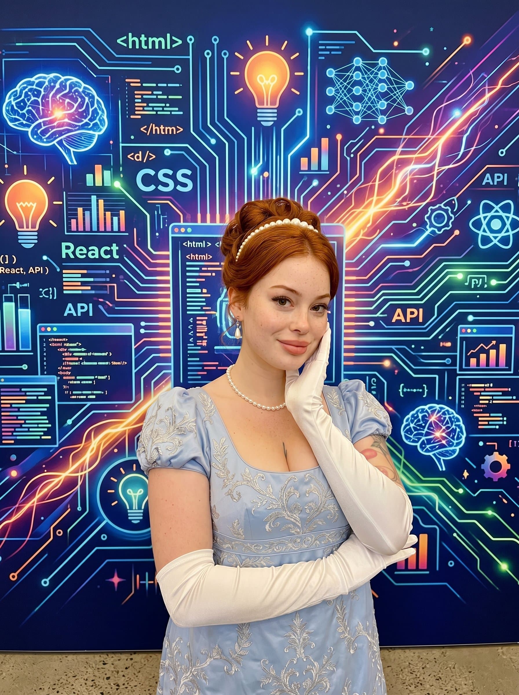 against a bright, abstract tech-themed mural, symbolizing forward-thinking and creative ingenuity inherent to web development.