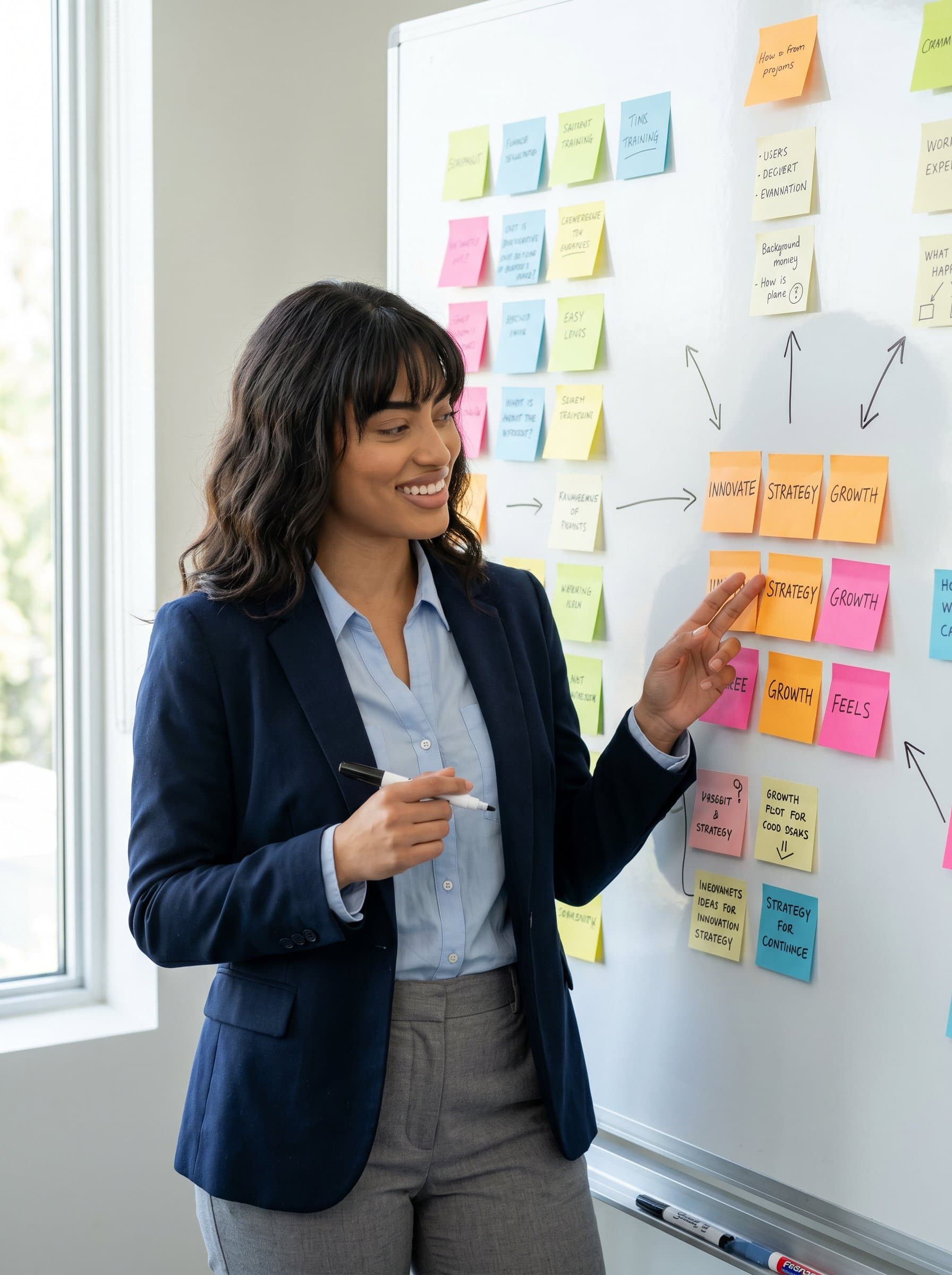 standing against a wall of colorful post-it notes, in semi-casual attire, reflecting creativity, brainstorming, and a dynamic work ethic.