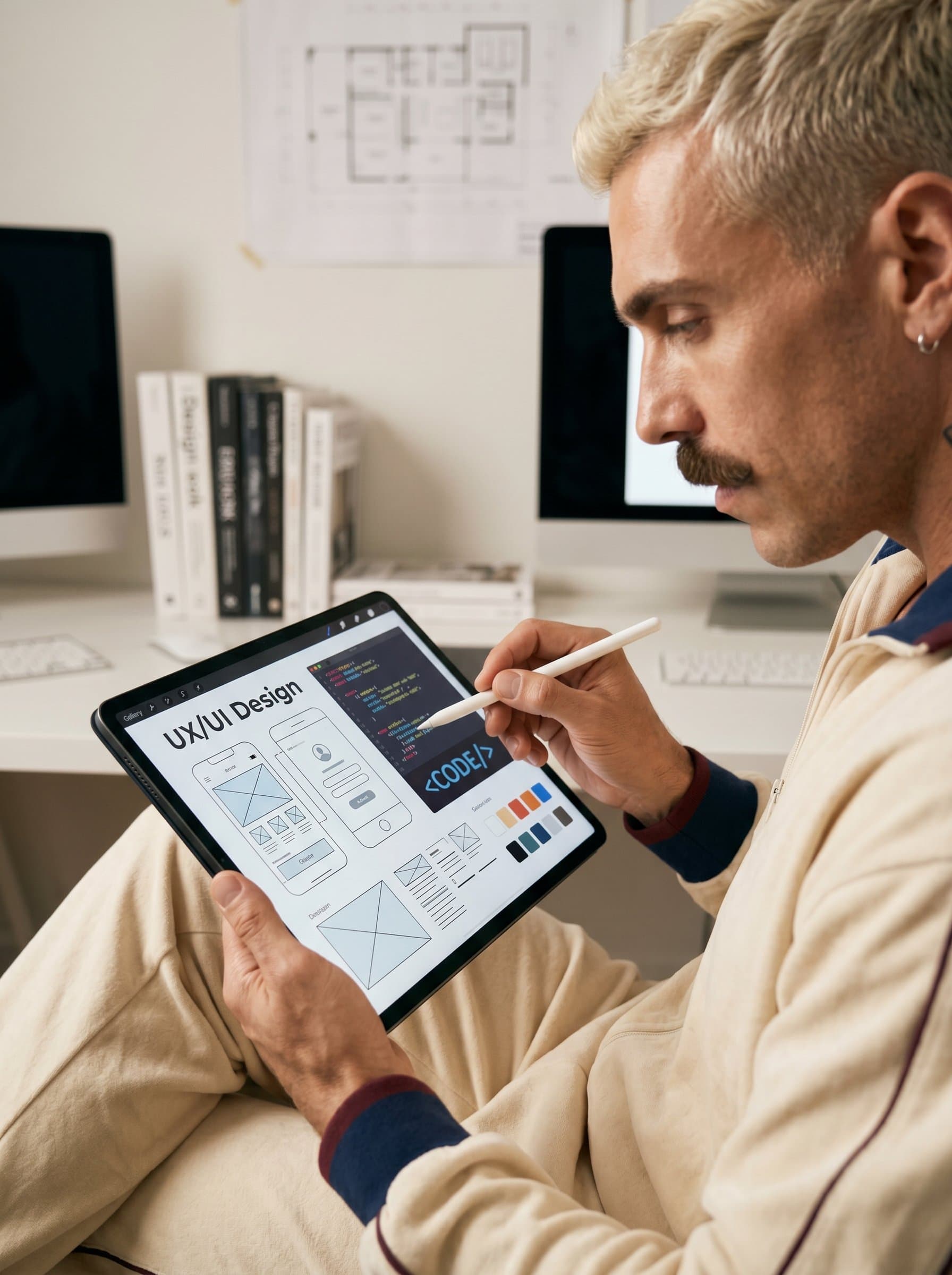 with a soft focus on a digital tablet, stylus in hand, highlighting a passion for design and development through techie elegance.