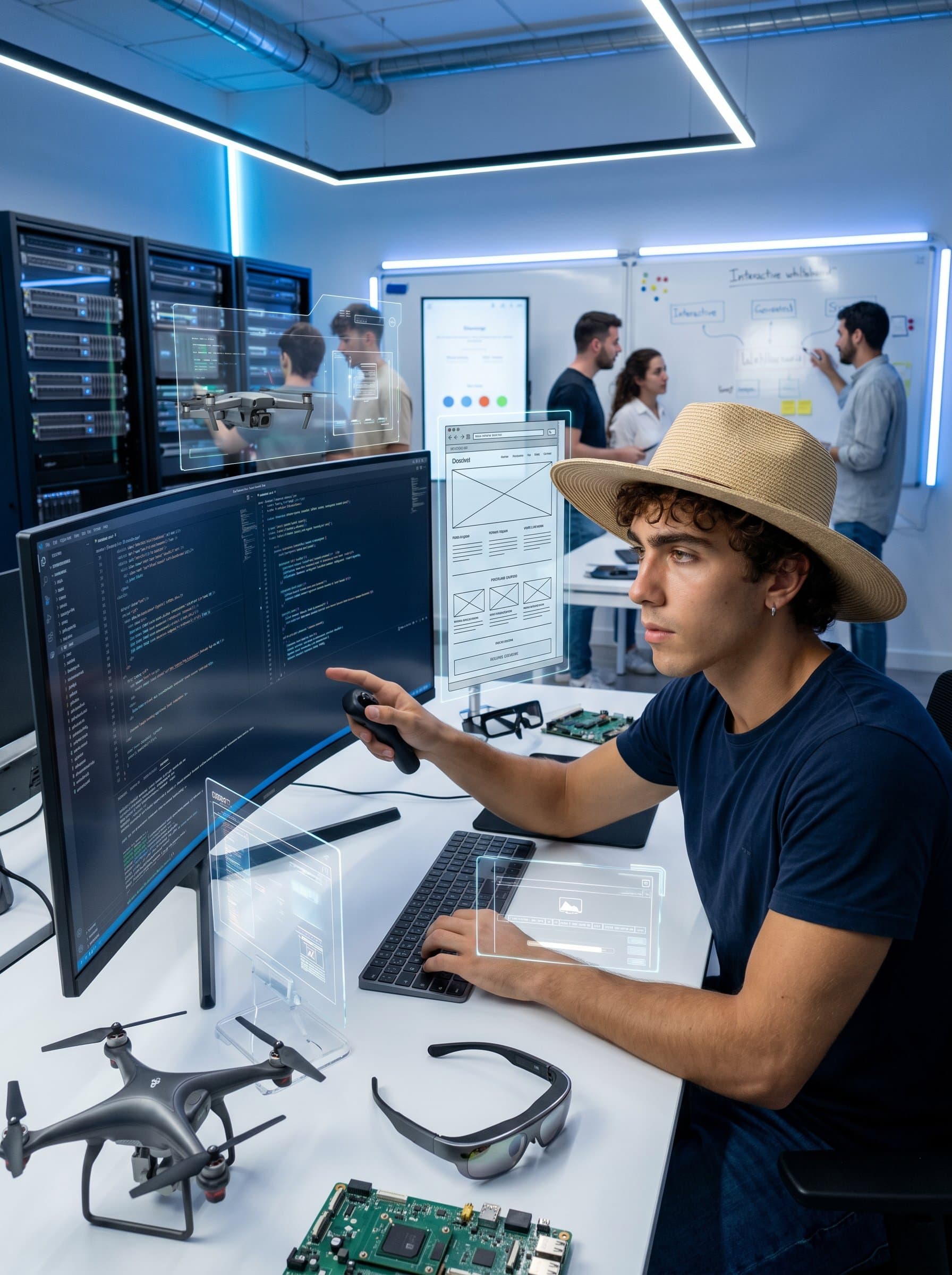 in a high-tech lab setting, surrounded by futuristic gadgets, capturing the innovative spirit and cutting-edge skills of a web developer.