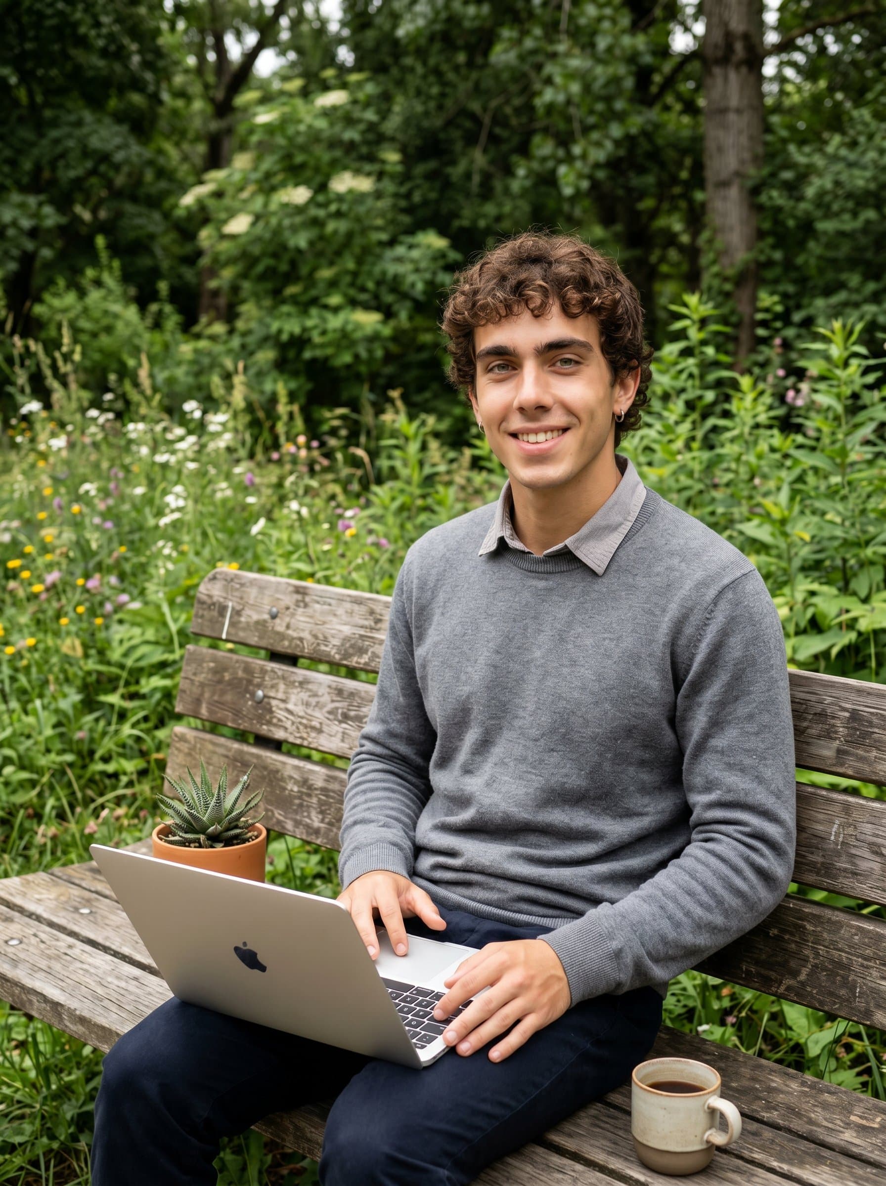 casually seated on a bench with a laptop, framed by greenery, embodying a balance between technology and nature, ideal for a web developer's headshot.