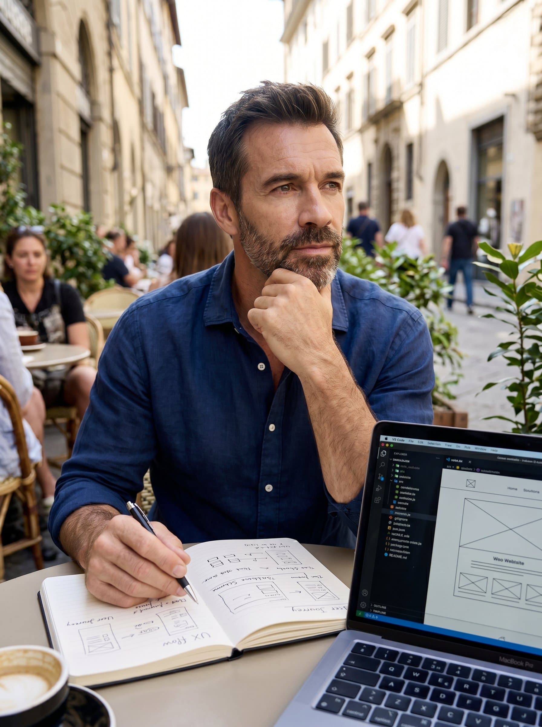 at a café terrace, gazing thoughtfully into the distance, with a notepad and laptop, illustrating the contemplative and strategic aspects of web development.
