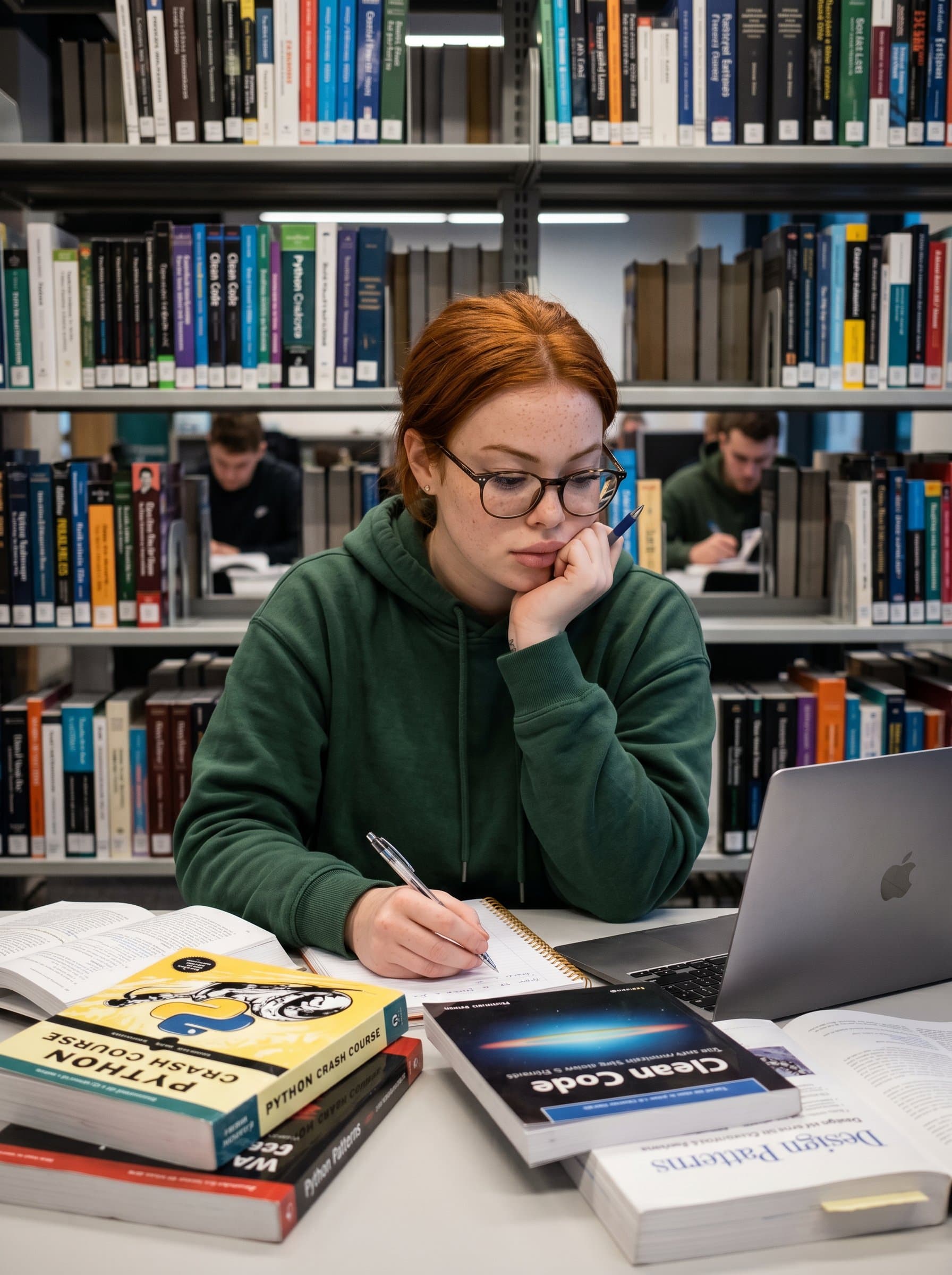 in a library setting, surrounded by books on programming and tech, conveying a thirst for knowledge and a diligent, studious nature.
