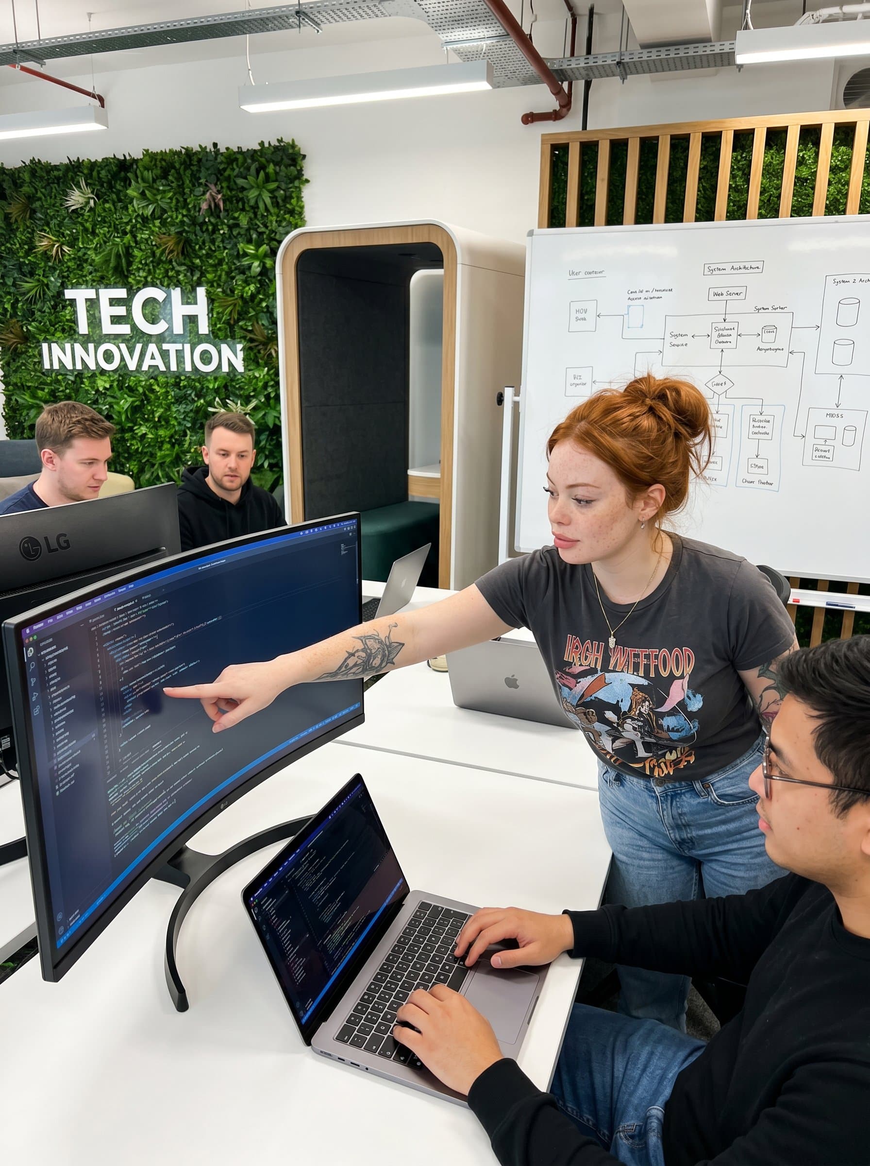 in a shared workspace, innovative interior design elements visible, embodying a modern, open, and creative work culture of web development teams.