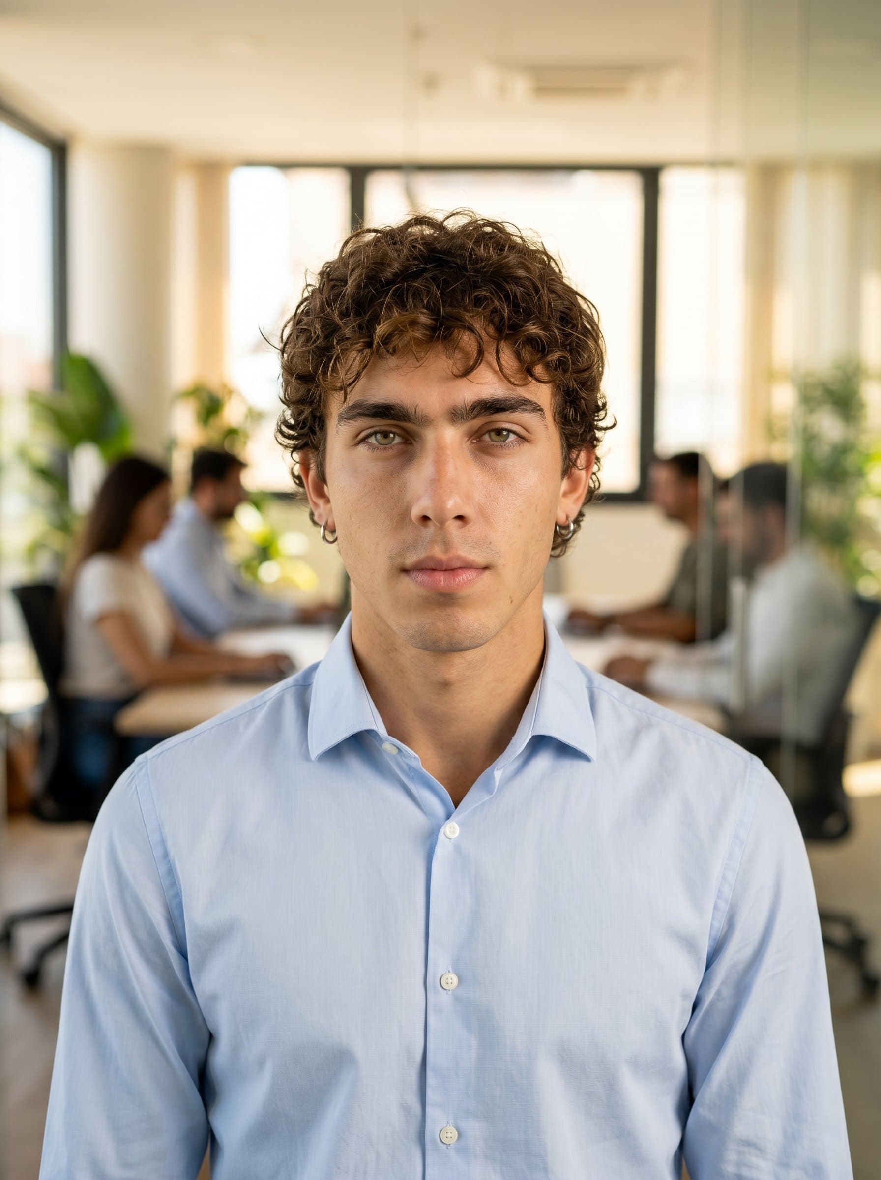 : A professional headshot of a data scientist with a light blue shirt, looking directly at the camera. The backdrop is a blurred office setting, highlighting intelligence and modernity with soft natural lighting.