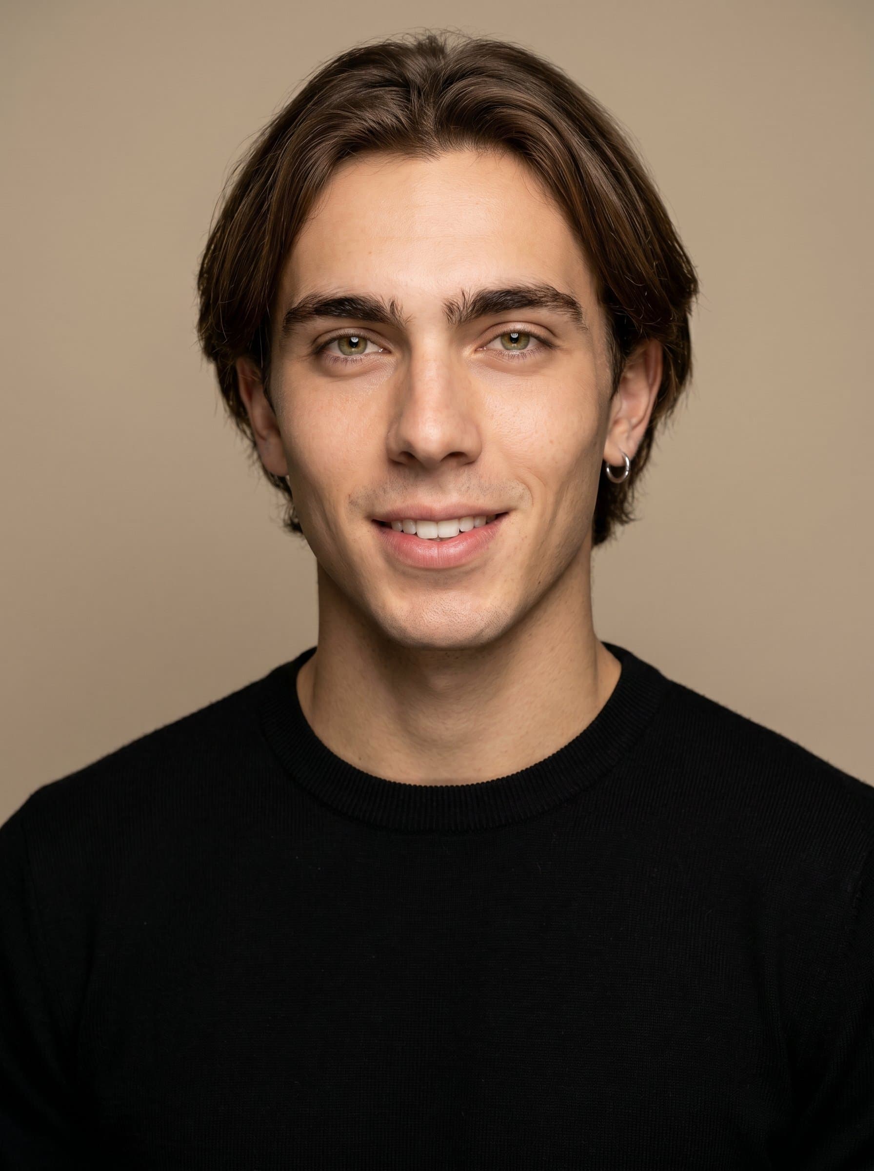 : A data scientist with straight hair, dressed in a fitted black top, poses against a neutral beige background. The lighting highlights a confident and professional expression.