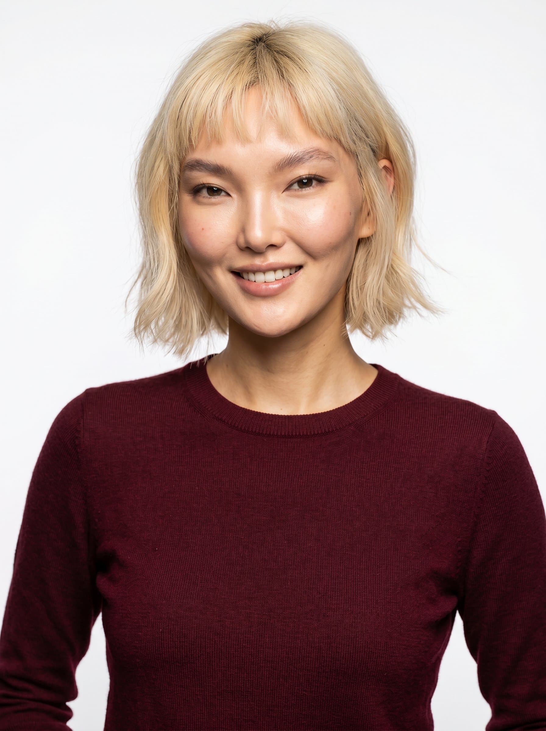 : A data scientist in a maroon sweater stands against a simple white background. The lighting captures their sharp features and welcoming smile, exuding both competence and approachability.