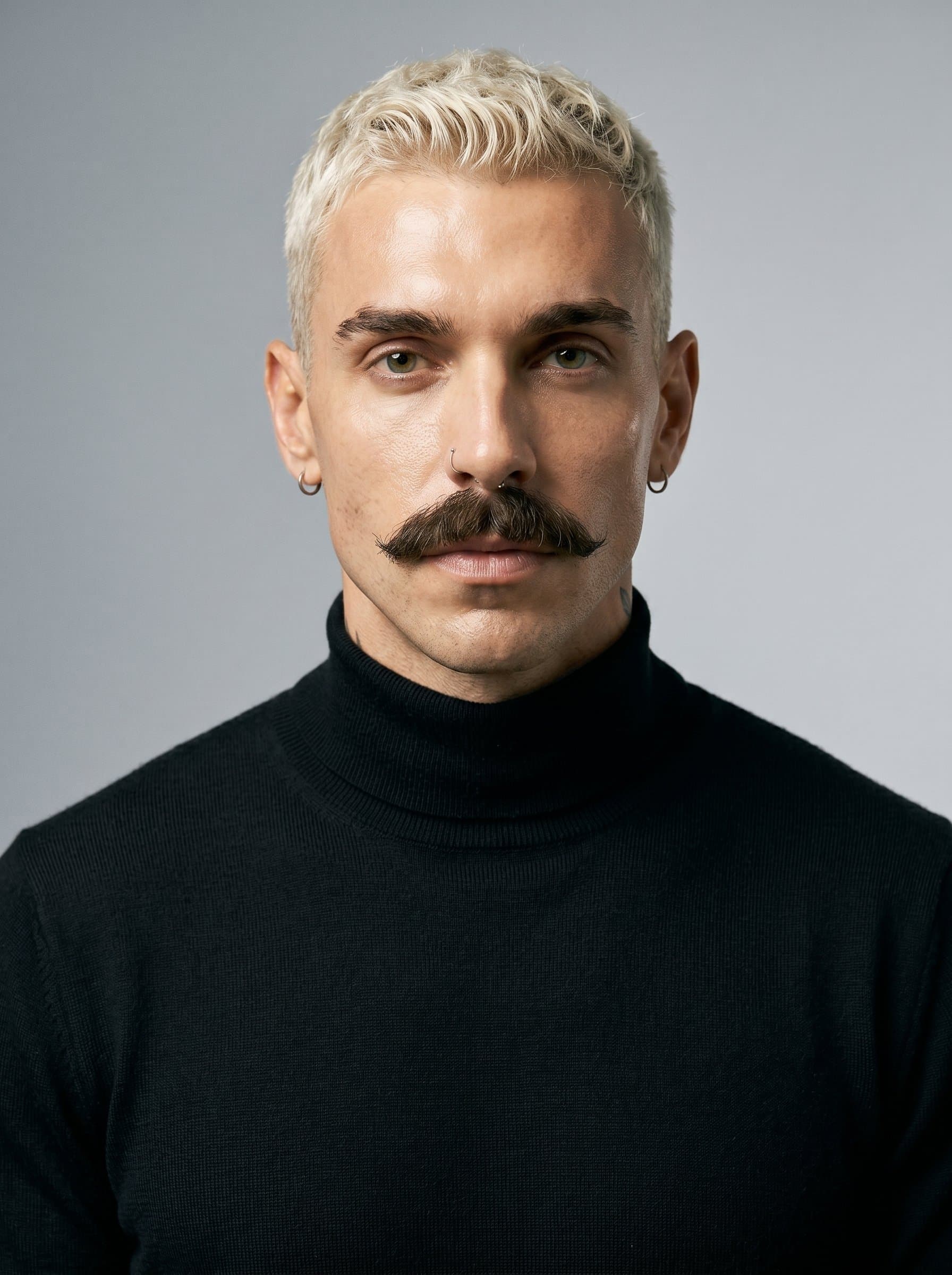 : Headshot of a data scientist wearing a black turtleneck. The minimal grey background and soft lighting emphasize the manβs sharp features and intelligent expression.