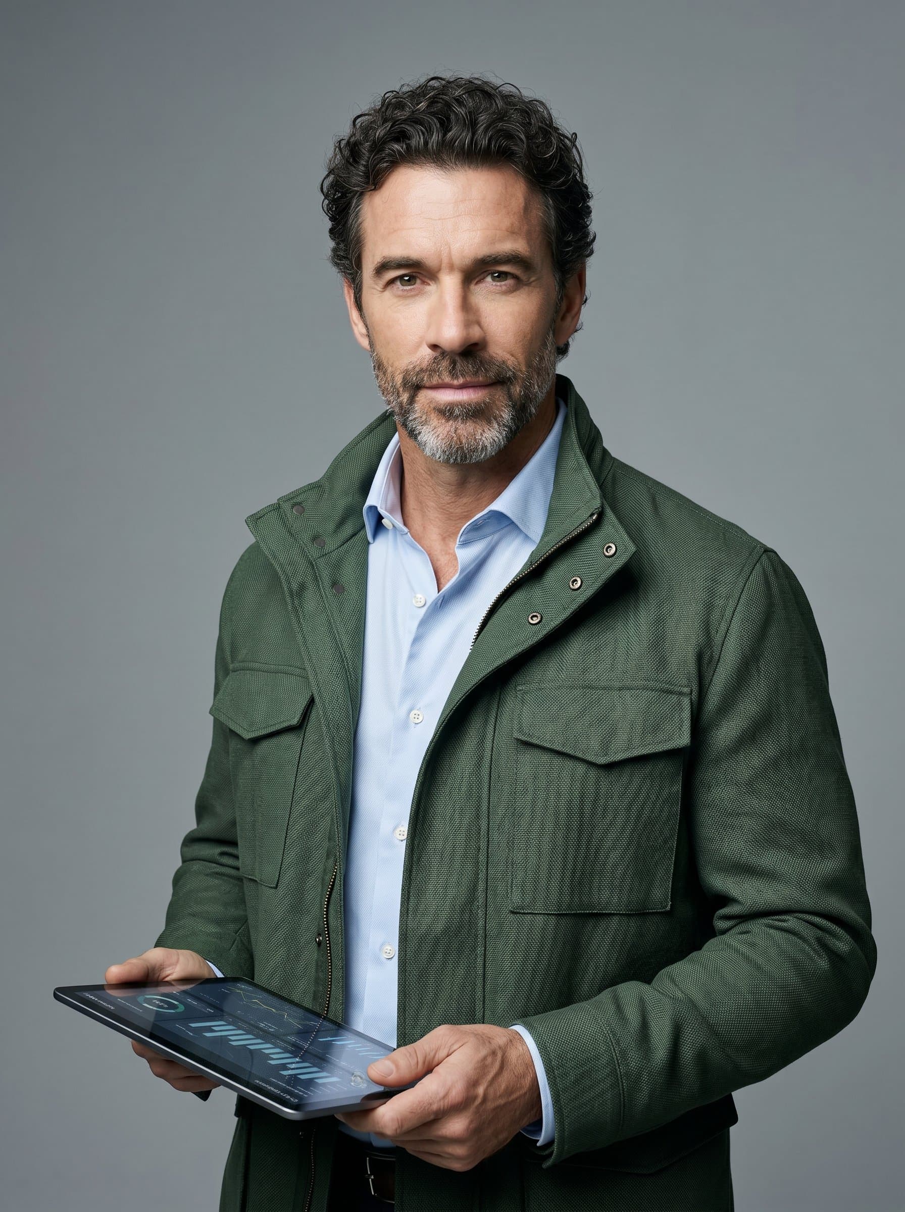 : A data scientist with curly hair, donning a modern green jacket, stands against a minimalist grey background. The lighting highlights the manβs thoughtful expression and professional appeal.