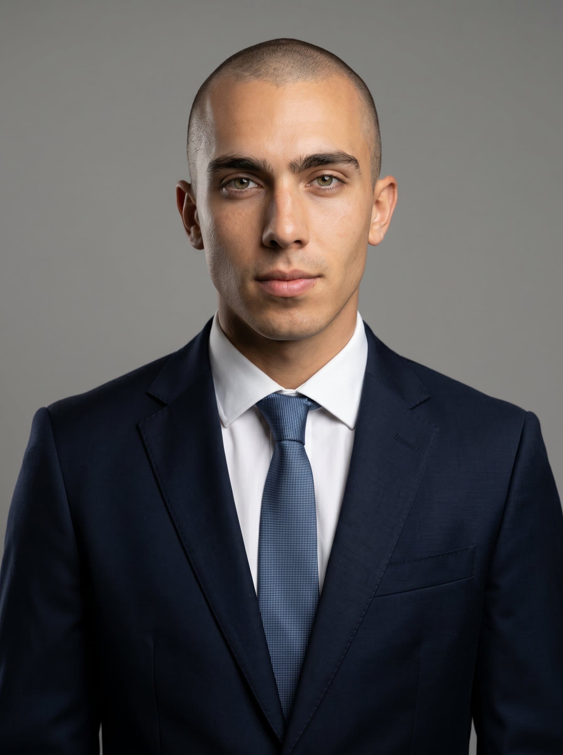 : Smart headshot of a data scientist with a shaved head, in a dark suit and tie. The simple grey backdrop ensures focus on the man's calm and intelligent demeanor.