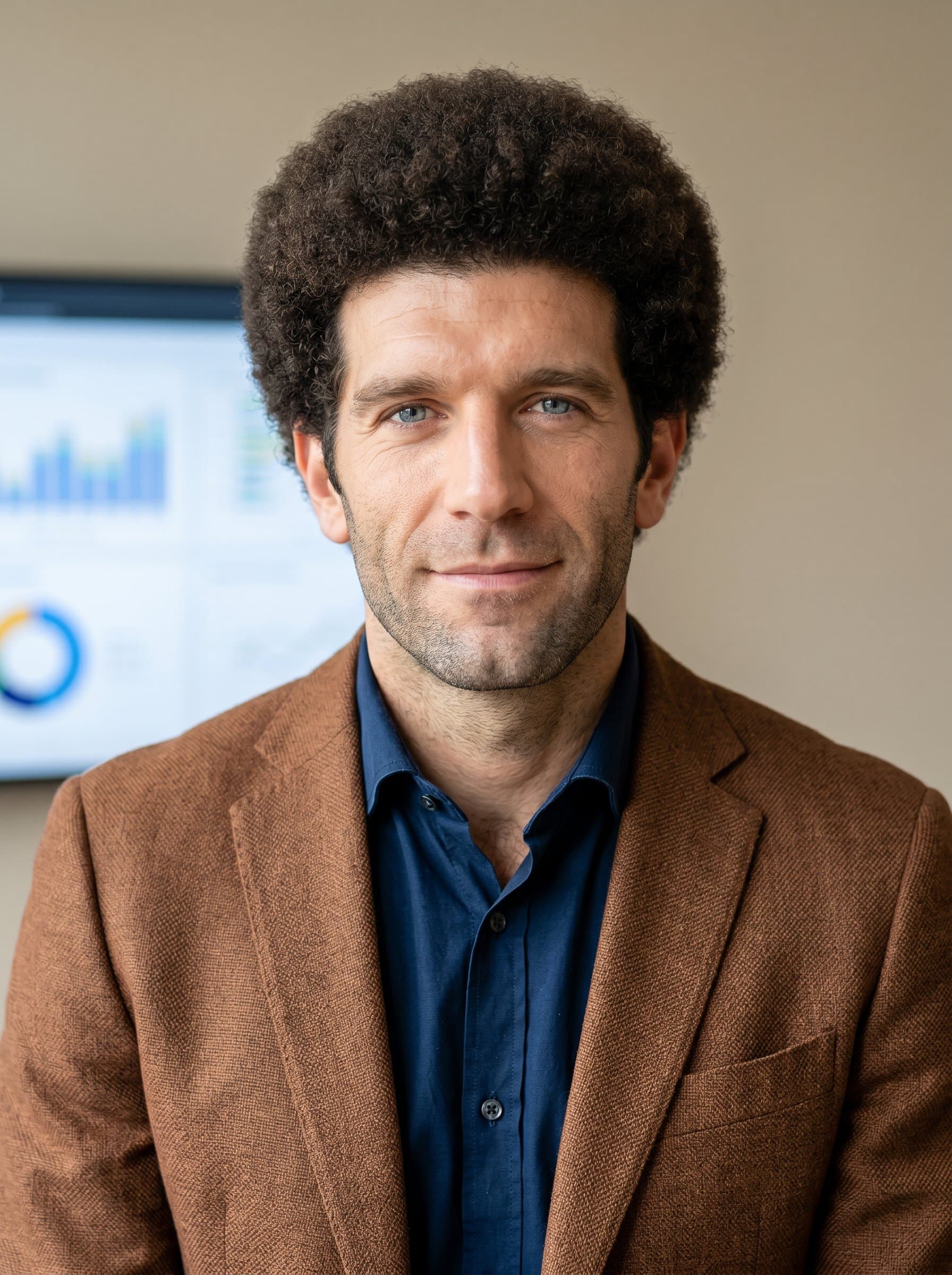 : A professional portrait of a data scientist with an afro, wearing a stylish brown blazer. The neutral beige background enhances the man's analytical yet friendly expression.