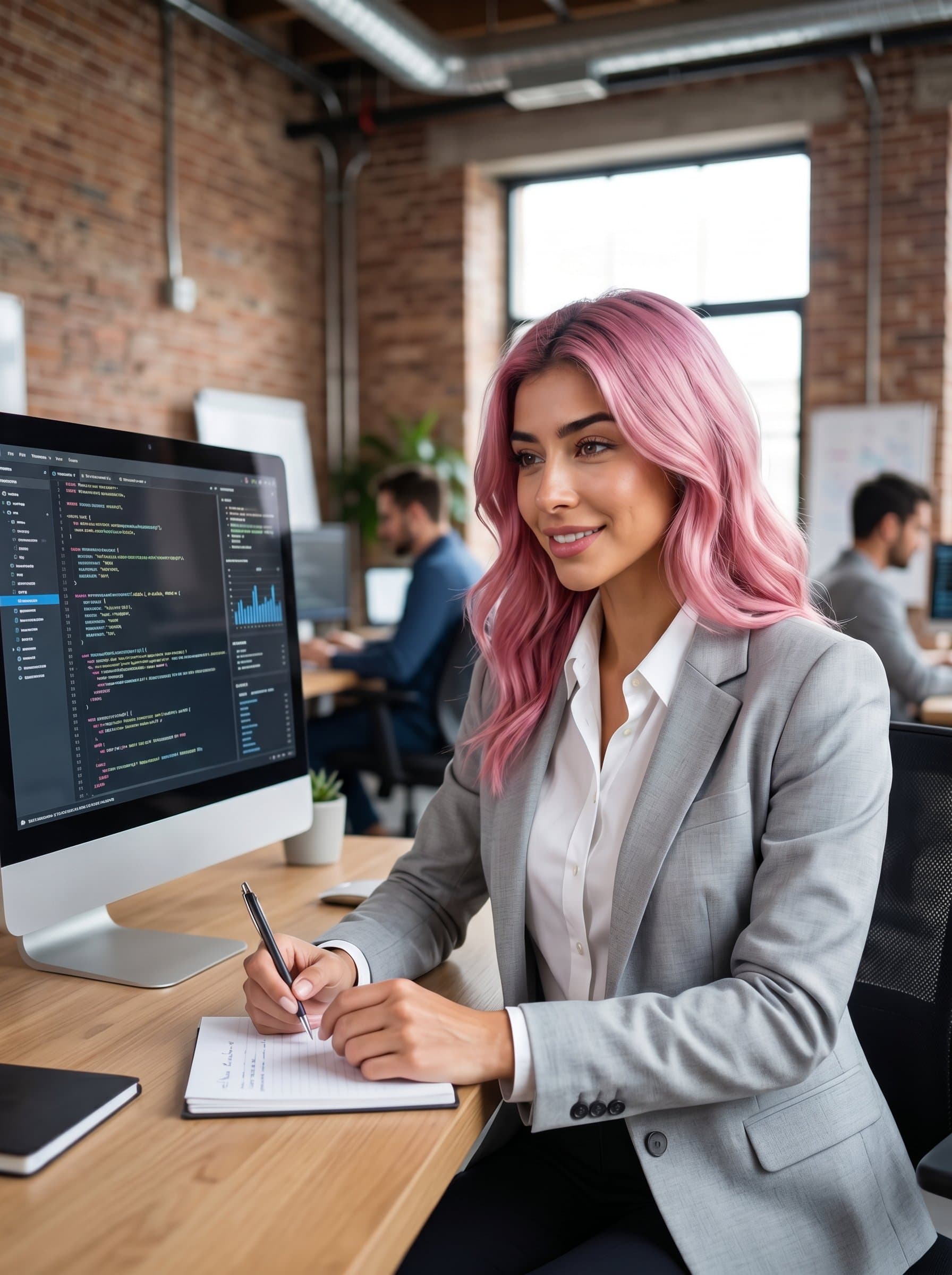 : Data scientist with shoulder-length hair, in a crisp white shirt and light jacket. The setting is a soft-focus tech office, emphasizing a blend of modernity and professionalism.