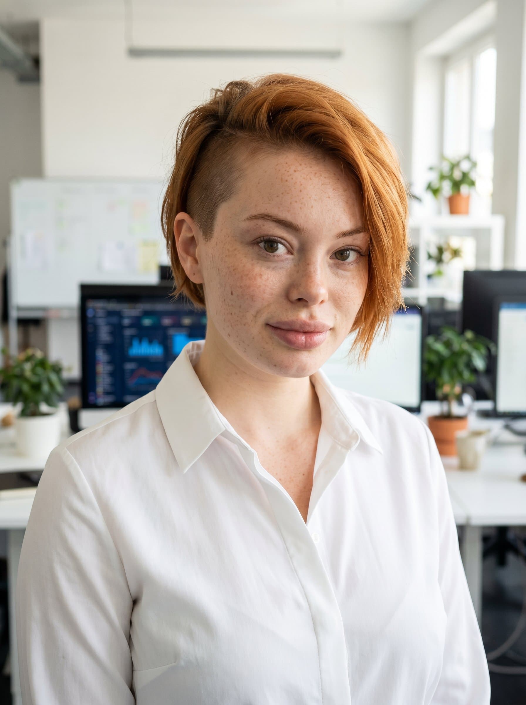 : Portrait of a data scientist with asymmetrical haircut, in a white collared shirt. The soft-focus background adds a contemporary touch, showcasing a blend of knowledge and friendliness.