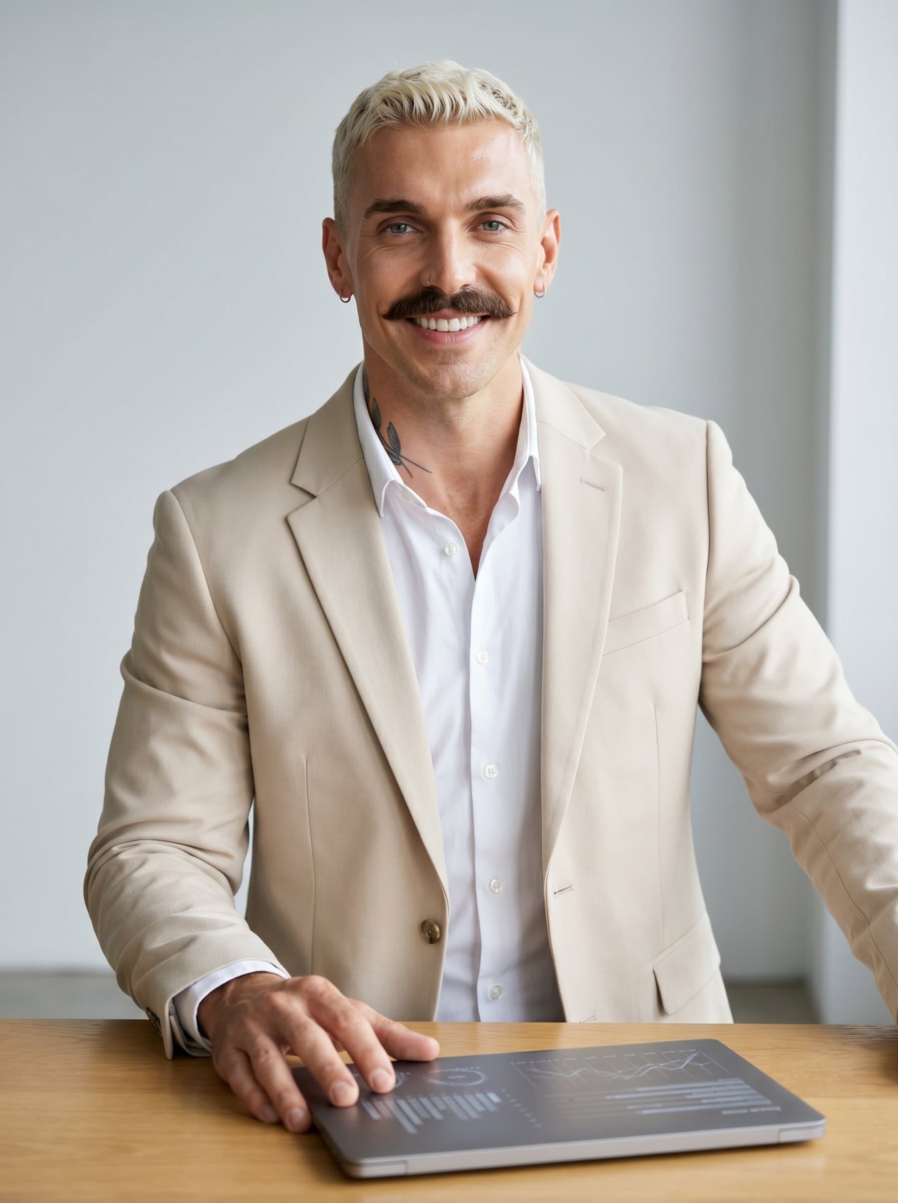 : Professional shot of a data scientist with an undercut hairstyle, in a light-colored blazer. The neutral backdrop and natural lighting capture a harmonious blend of intellect and approachability.
