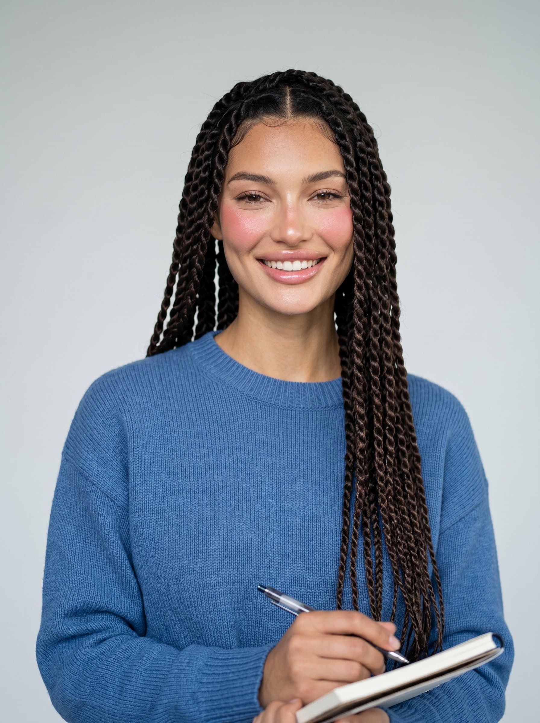 : A data scientist with side-parted hair, dressed in a casual blue sweater, stands before a simple gray background, conveying both intelligence and a relaxed, professional demeanor.