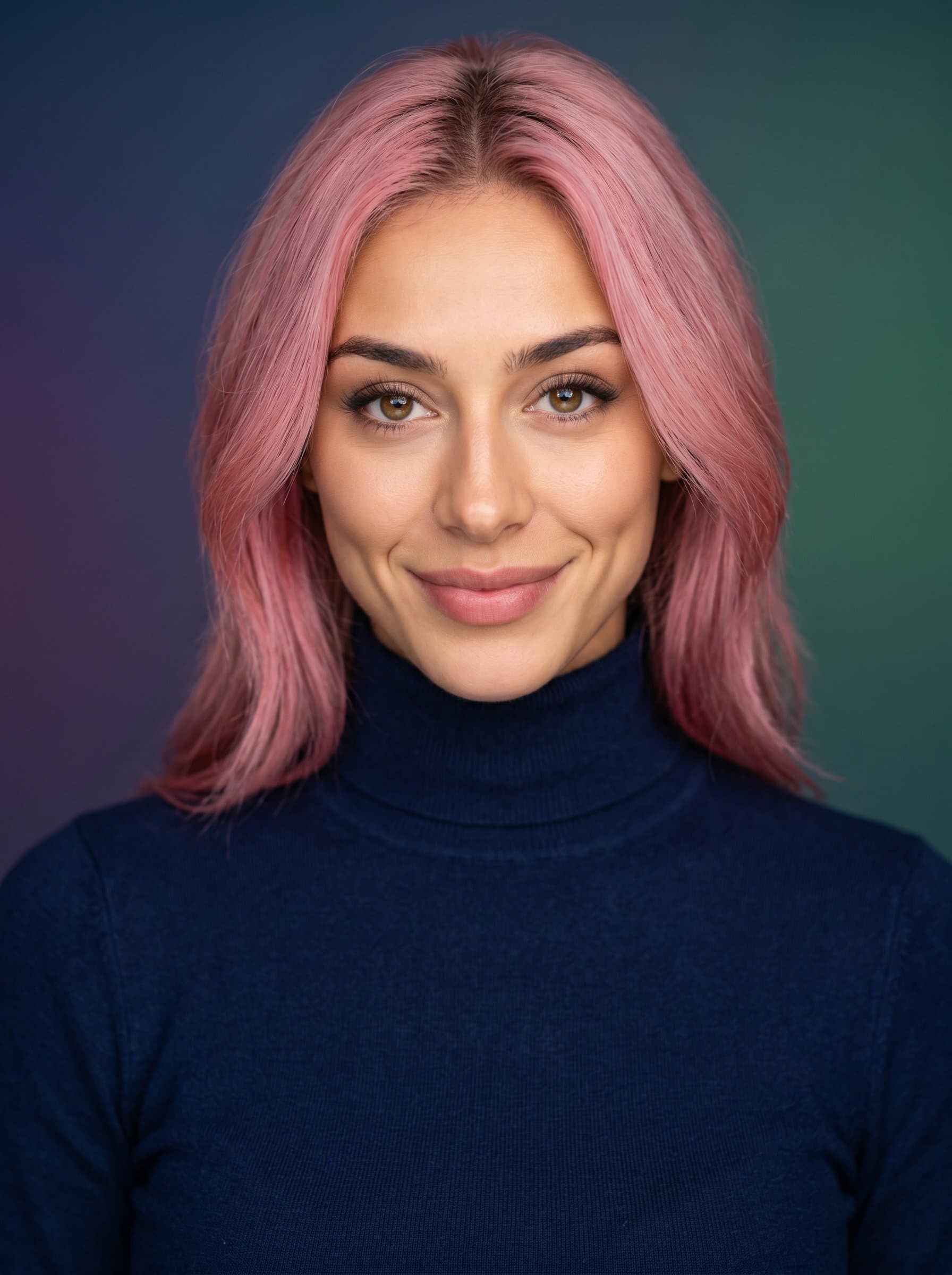 : Headshot of a tech-savvy data scientist with a dark blue turtleneck. The backdrop is a gentle gradient, capturing a mix of intelligence and approachability through a direct, warm gaze.