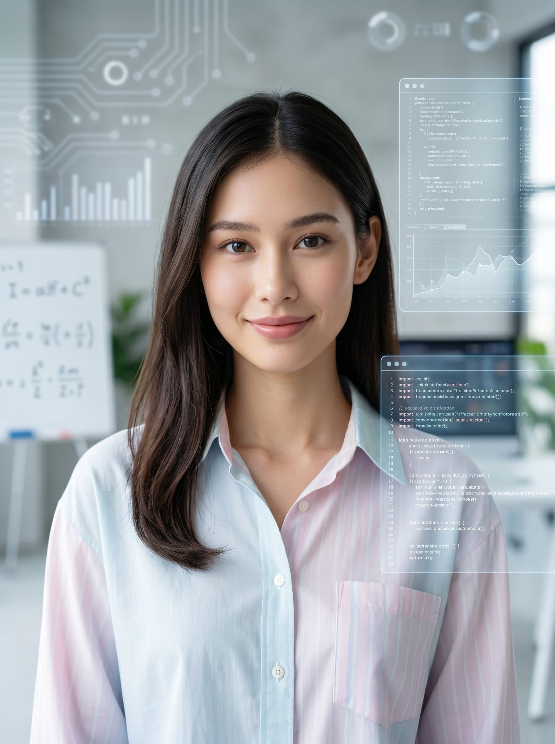 : Headshot of a data scientist with a slight smile, wearing a pastel-colored shirt. The soft-focus tech-themed background conveys a sense of modern innovation and intelligence.