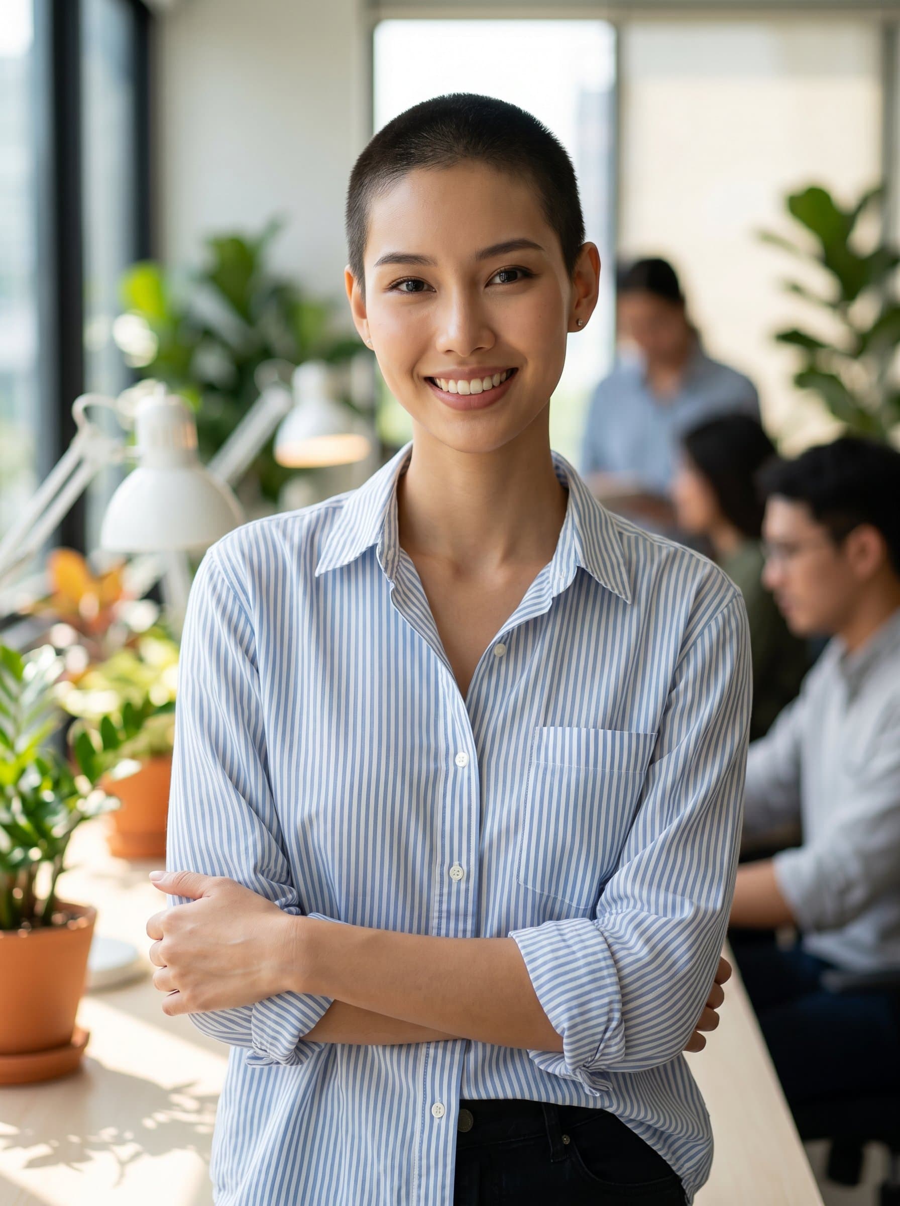 : A data scientist with a buzz cut, wearing a smart casual shirt, poses against a soft-focus office background. The image highlights their analytical mindset with approachability.
