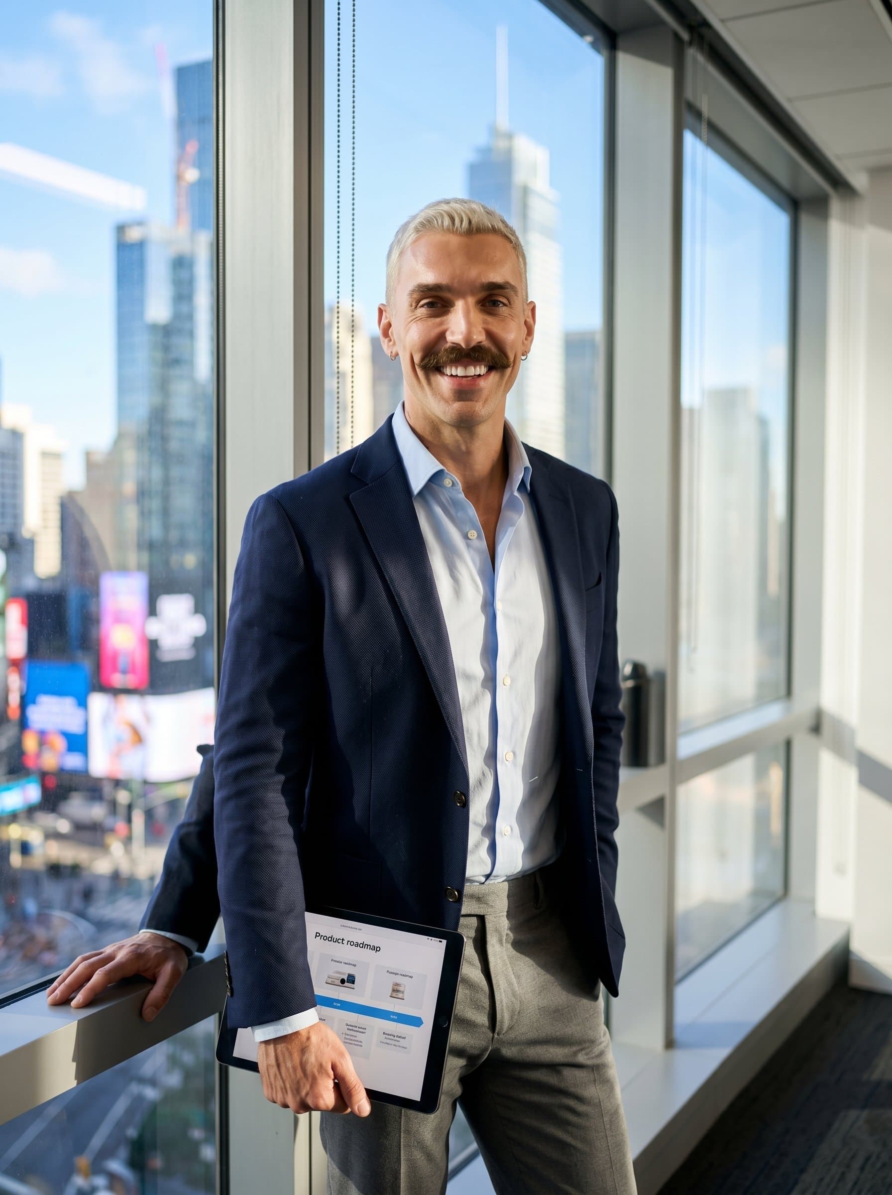 : Show a cheerful product manager standing by a large window, dressed in a neat blazer. The blurred cityscape outside gives a professional yet energetic backdrop, complementing their innovative spirit.