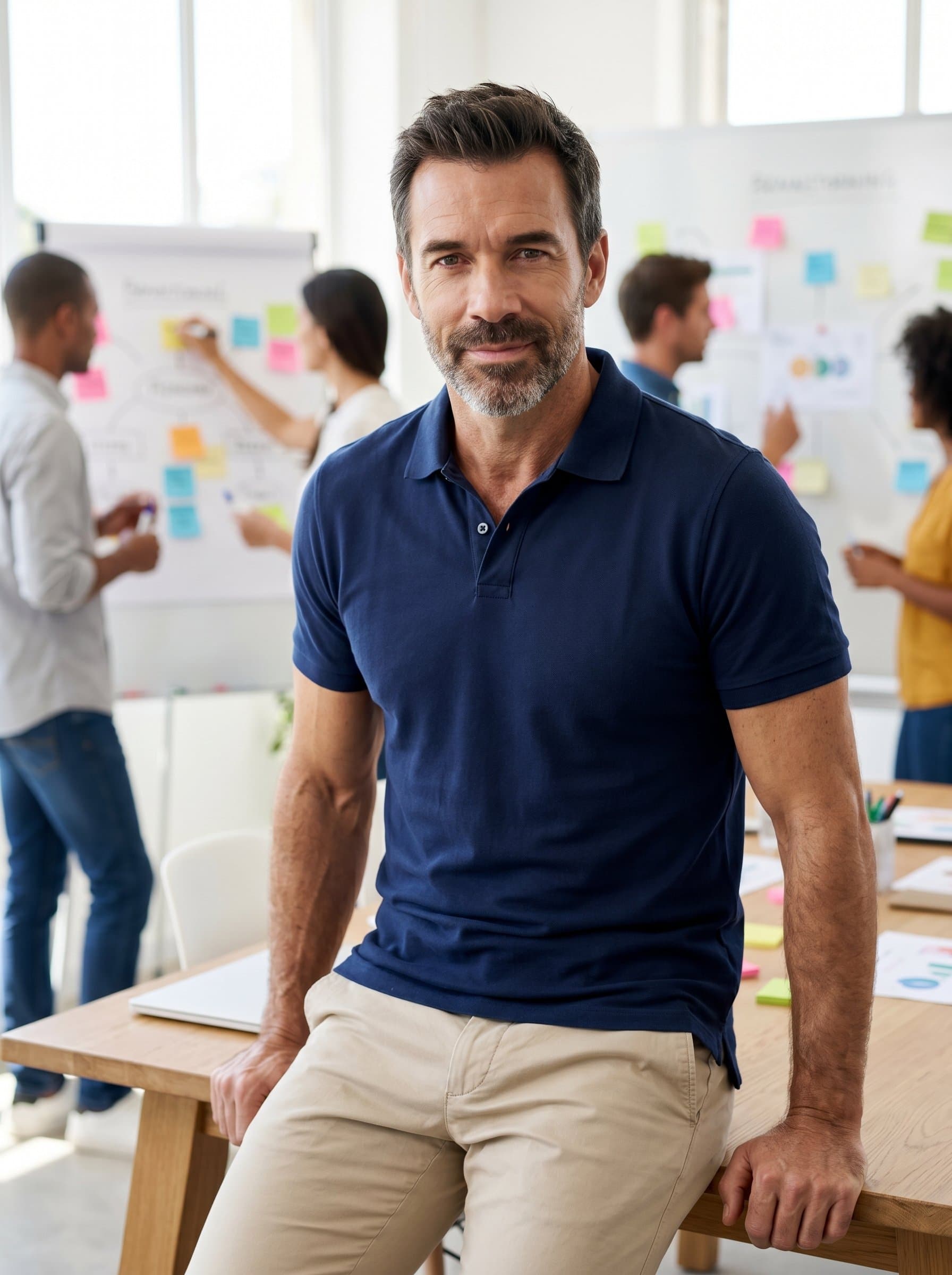: Photograph a product manager in a classic polo shirt, leaning against a desk. The blurred image of brainstorming sessions behind them underscores a dynamic, innovative work culture.