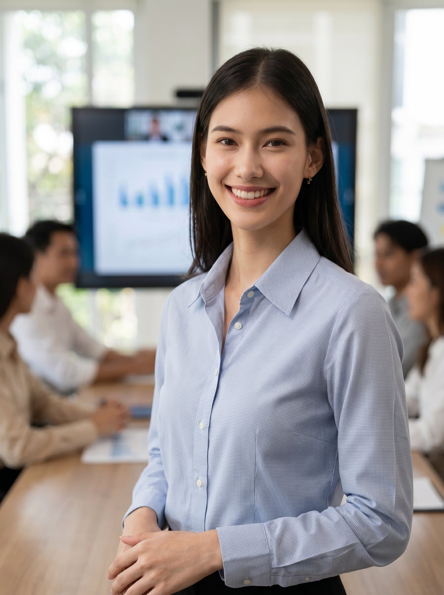 : Capture a product manager with warm smile, wearing a stylish collared shirt. Soft lighting enhances their features, while the blurred conference room setting indicates a professional and modern work ambiance.