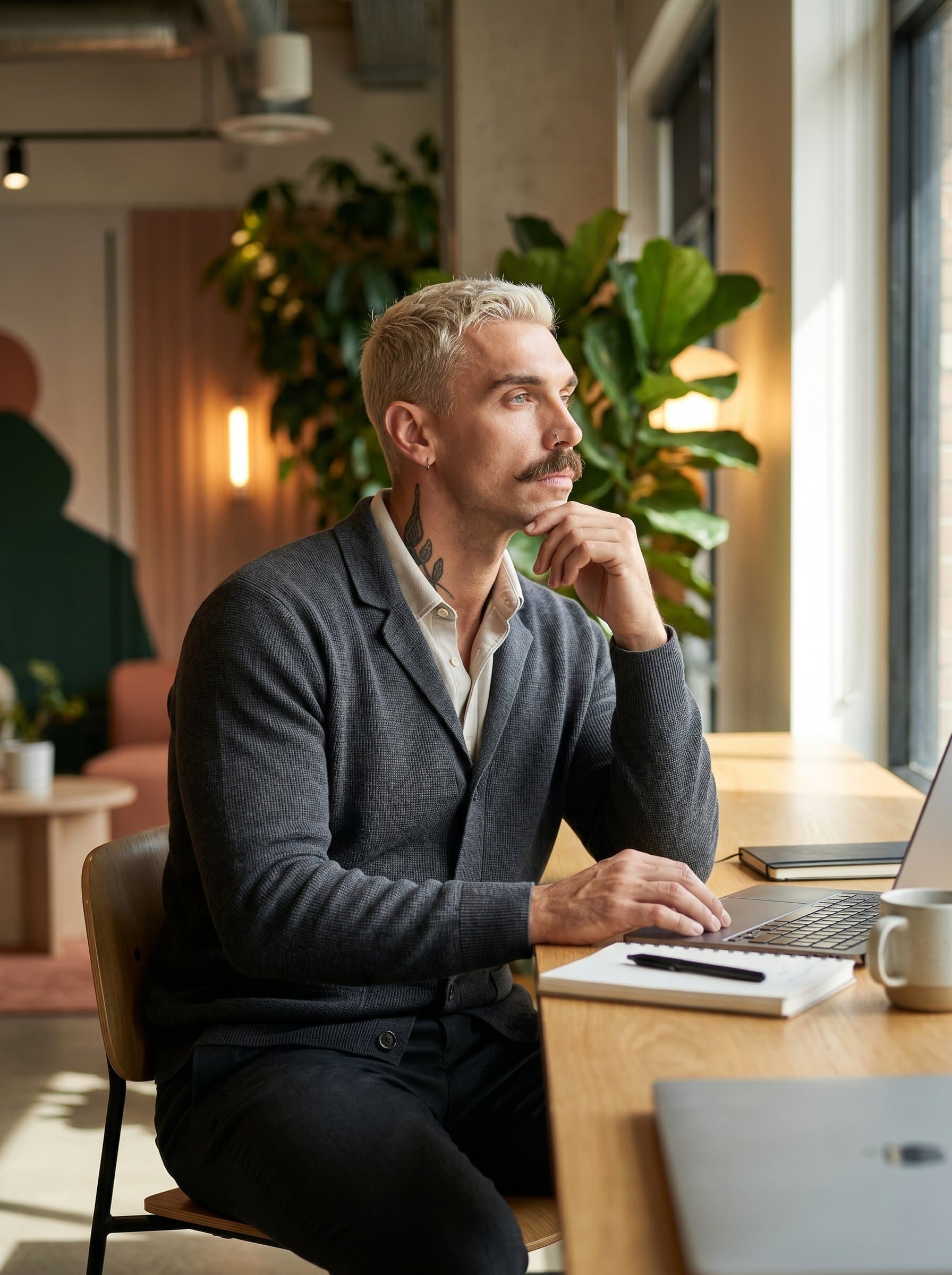 : Capture a thoughtful product manager in a contemporary meeting area, wearing a smart cardigan. The blurred office plants and decor suggest a nurturing, creative workspace.