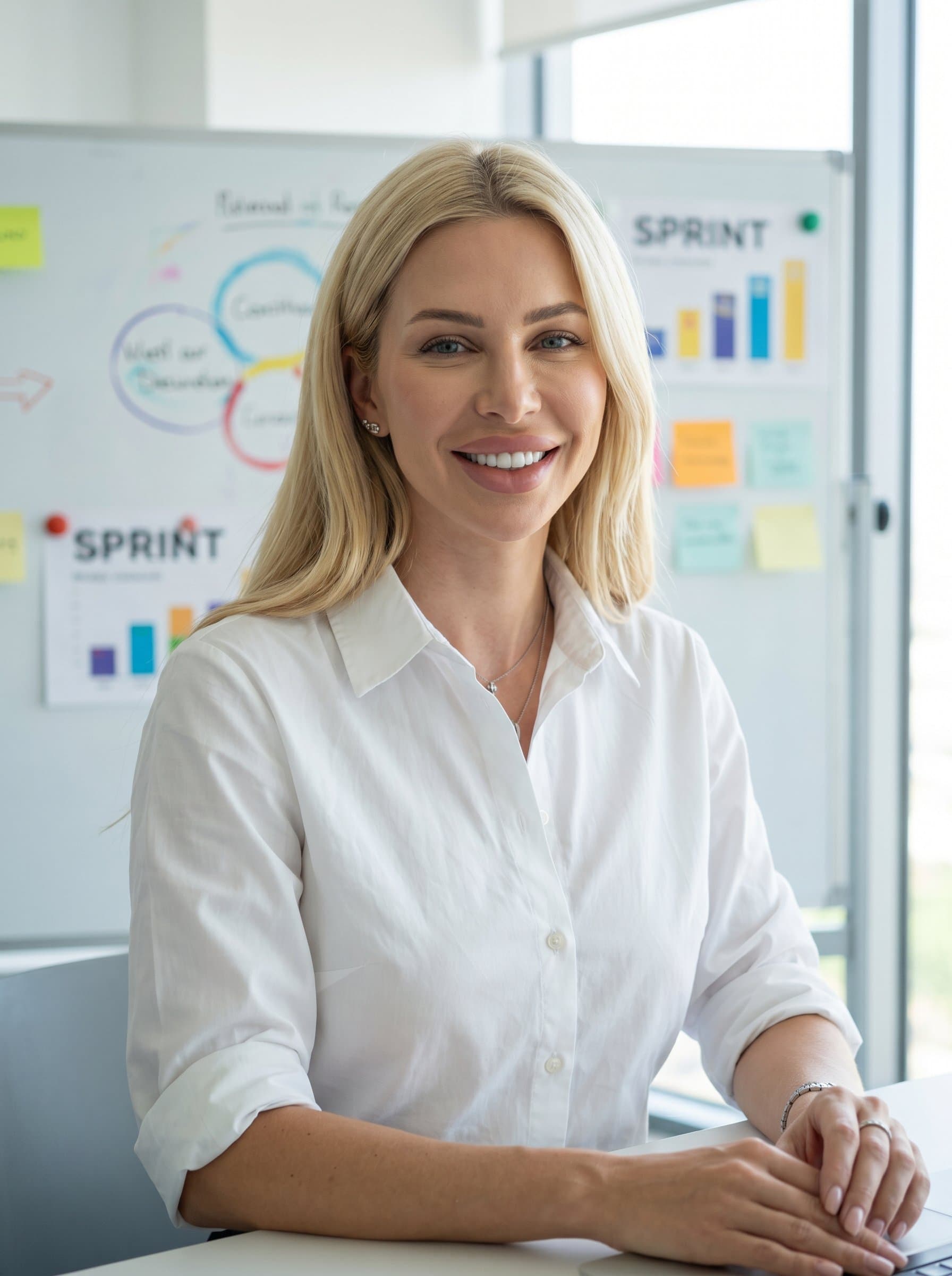 : Capture a smiling product manager in a bright, modern office, wearing a crisp button-up shirt. The blurred background features a whiteboard with colorful diagrams, highlighting their innovative and approachable demeanor.