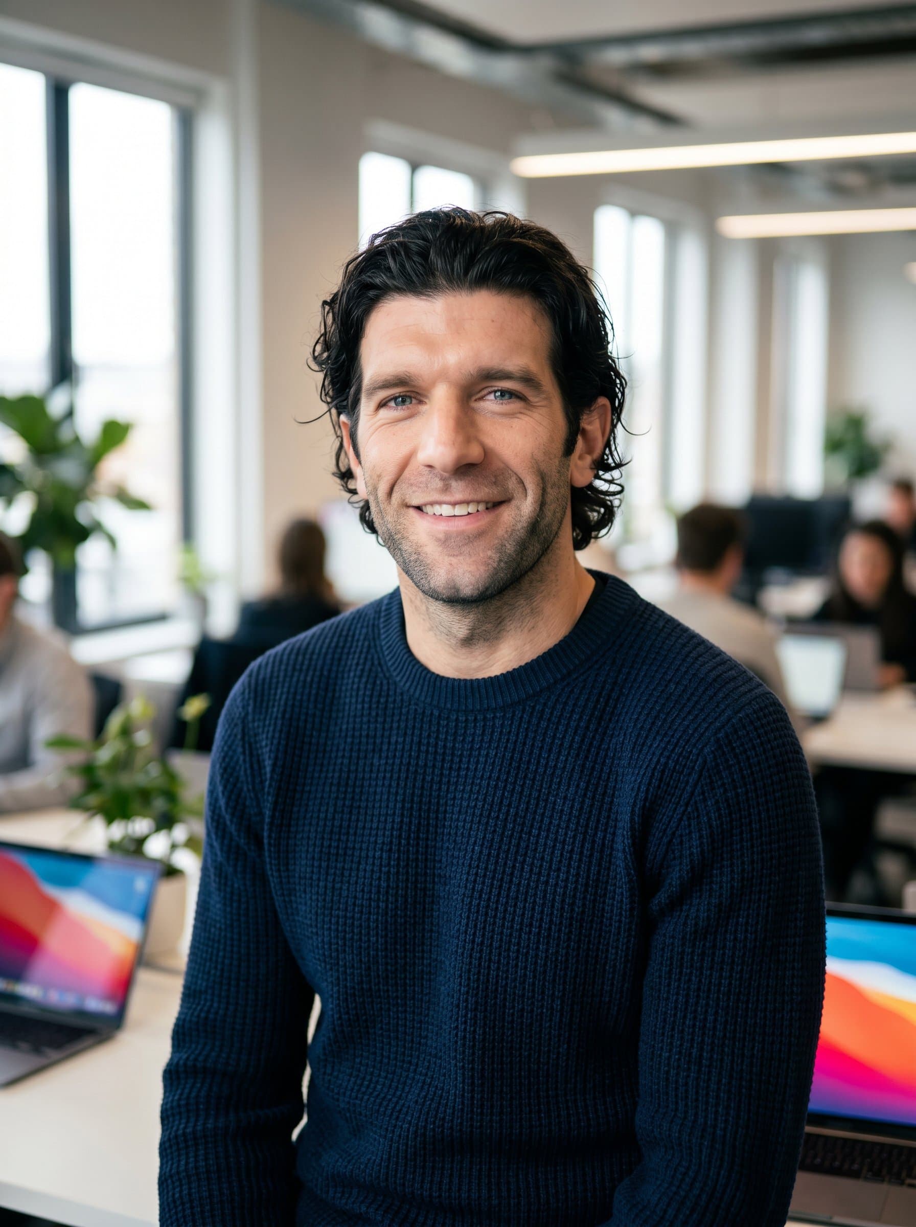 : Portrait of a product manager in a stylish open-plan office, softly lit to accentuate their features. They wear a smart sweater and exude confidence and friendliness, with blurred desks and laptops behind them.