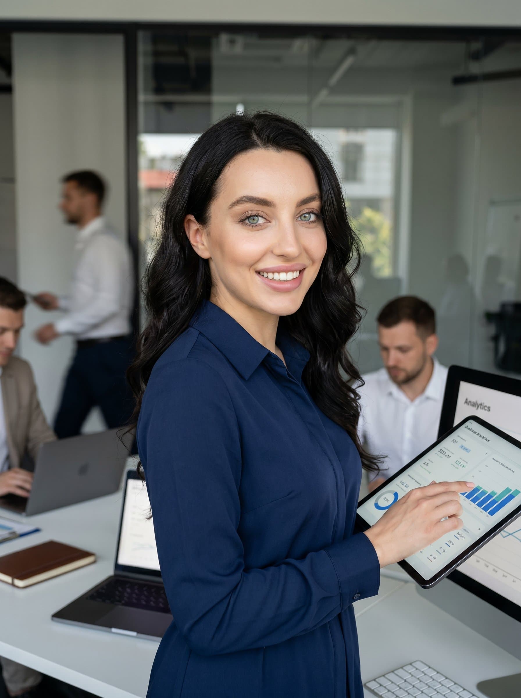 : Snapshot of a product manager in a contemporary office, wearing a sleek dress shirt. The lighting highlights their engaging smile, with a blurred view of bustling colleagues in the background.