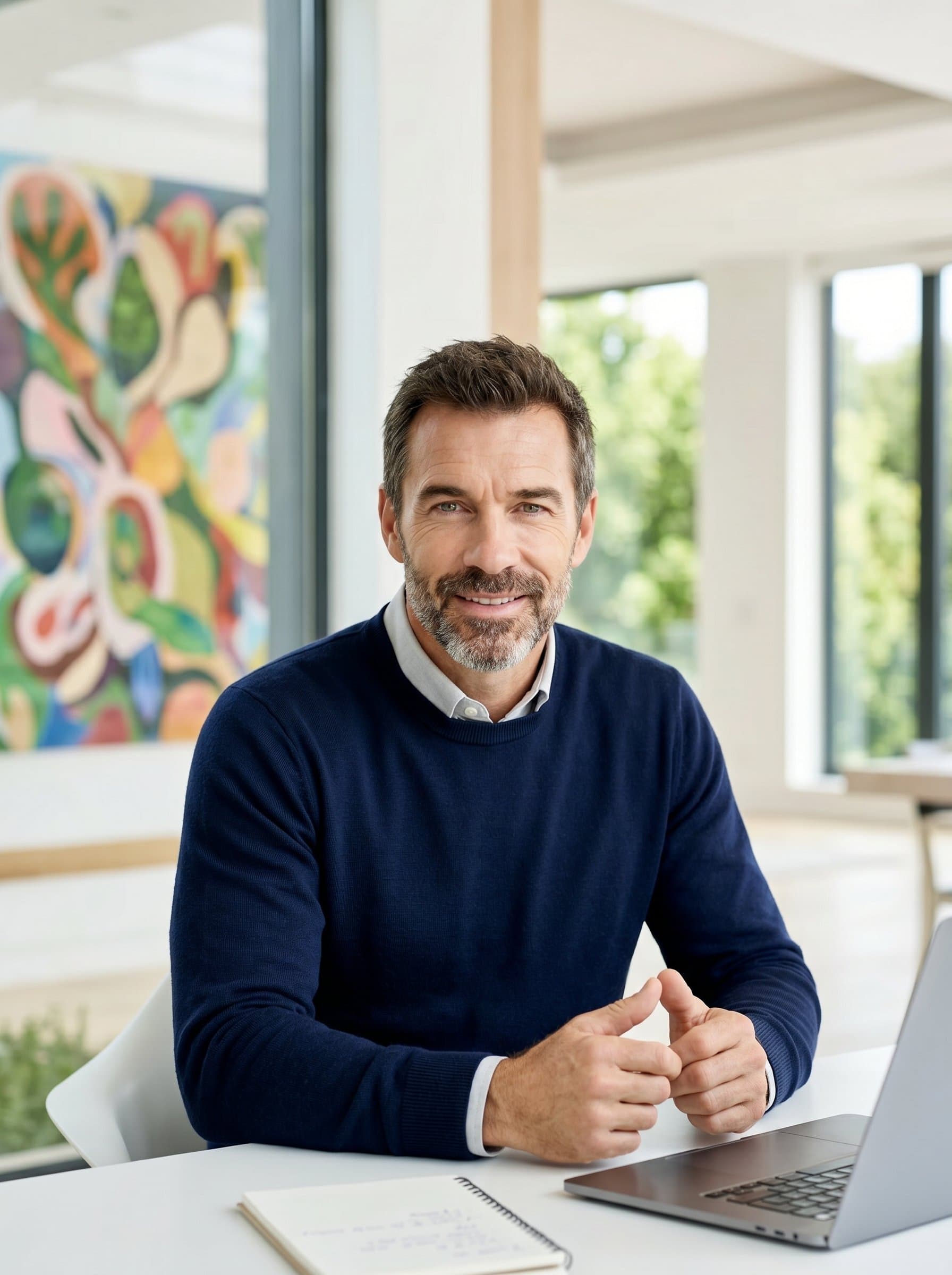 : Portrait of a product manager in an airy office, dressed in a neat sweater. Blurred abstract artwork behind them accentuates their creative and forward-thinking persona.