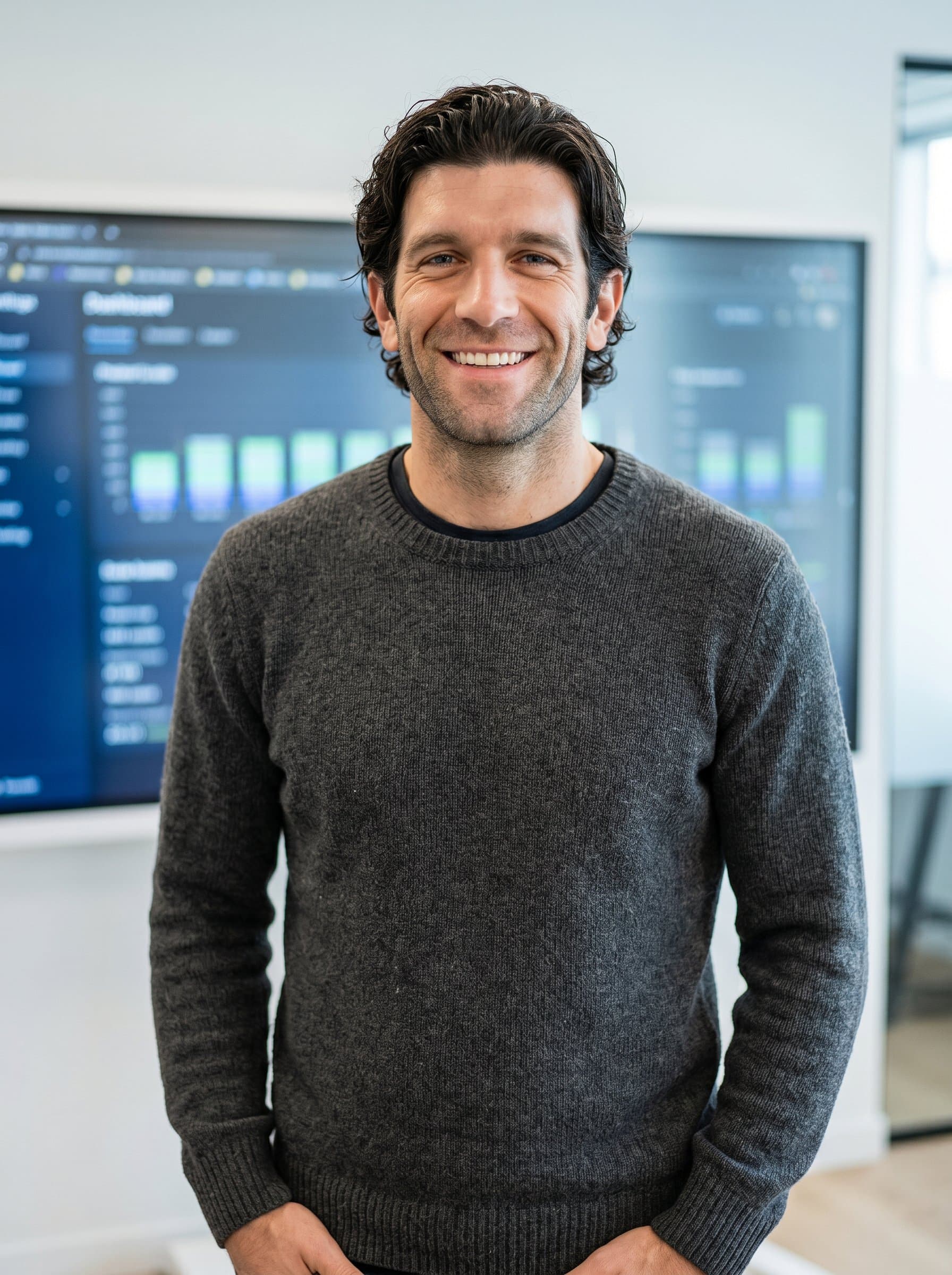 : Picture a product manager exhibiting a warm smile, standing in front of a blurred digital screen. Their comfortable attire and relaxed posture suggest confidence and a forward-thinking mindset.