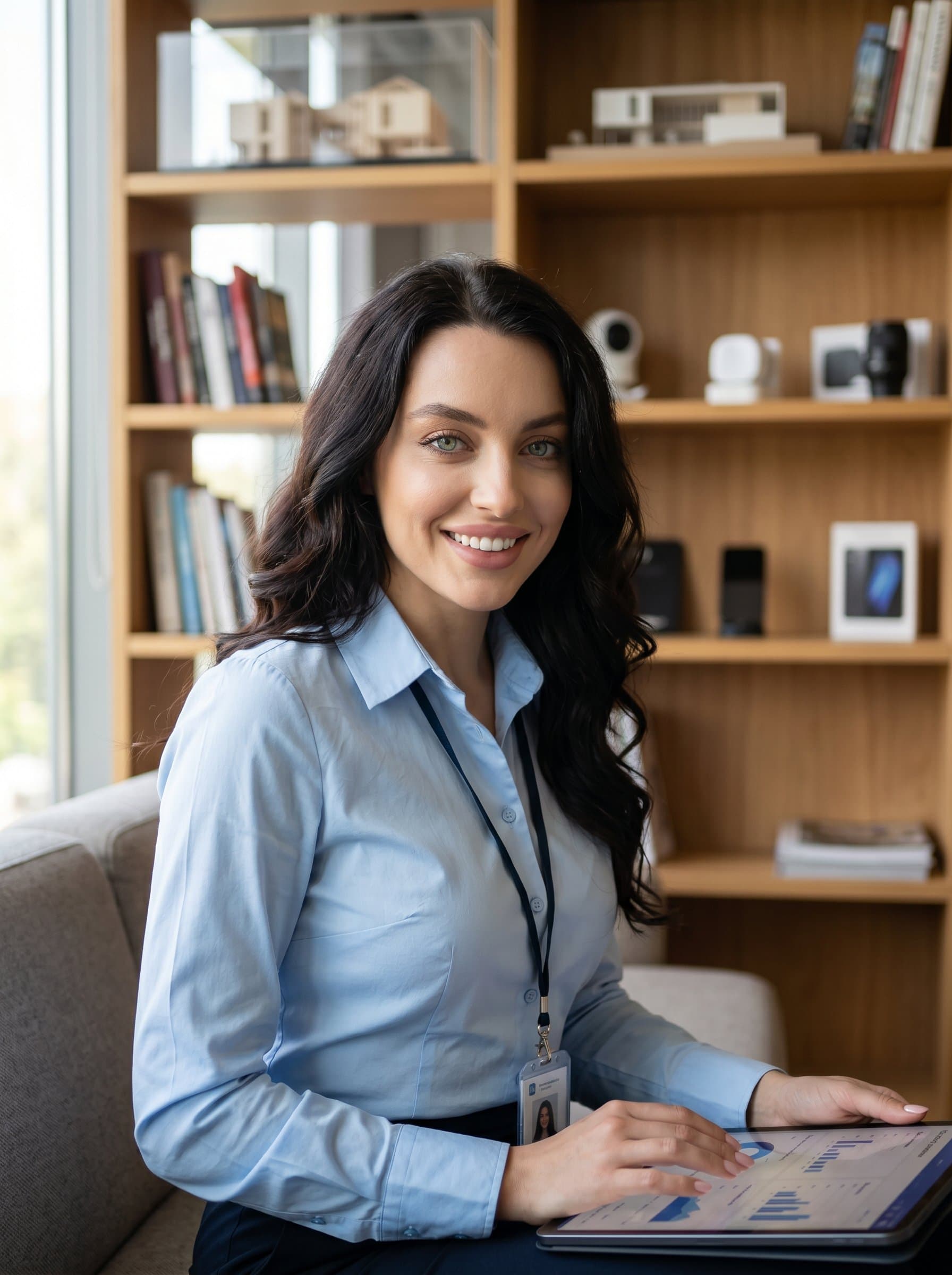 : Frame a smiling product manager in a modern office lounge setting, dressed in a tailored shirt. The blurred bookshelves behind them hint at a knowledge-rich, innovative environment.