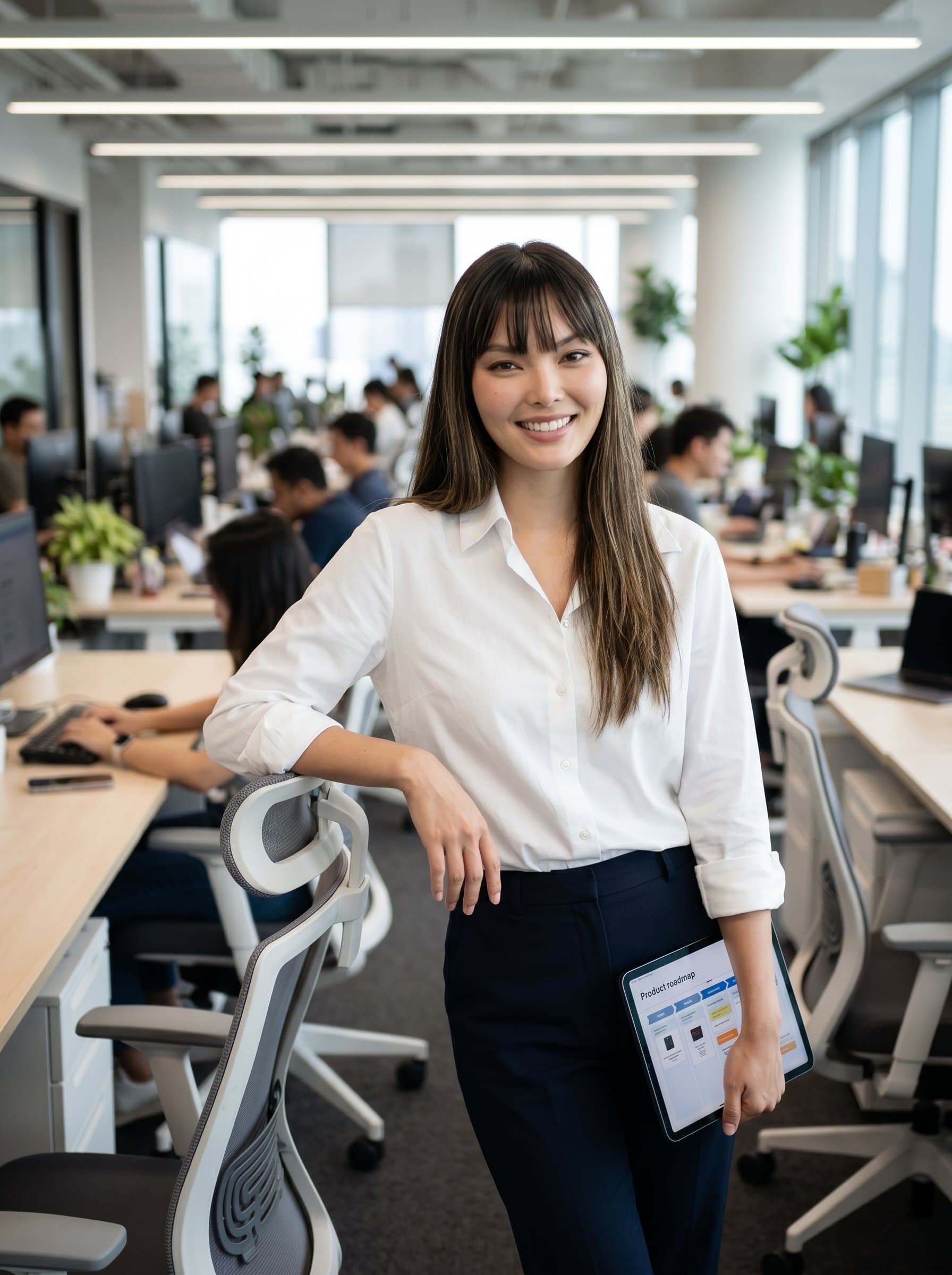 : Show a product manager leaning casually against a chair, wearing a crisp button-up. The blurred rows of desks in the background indicate a bustling, modern office environment.