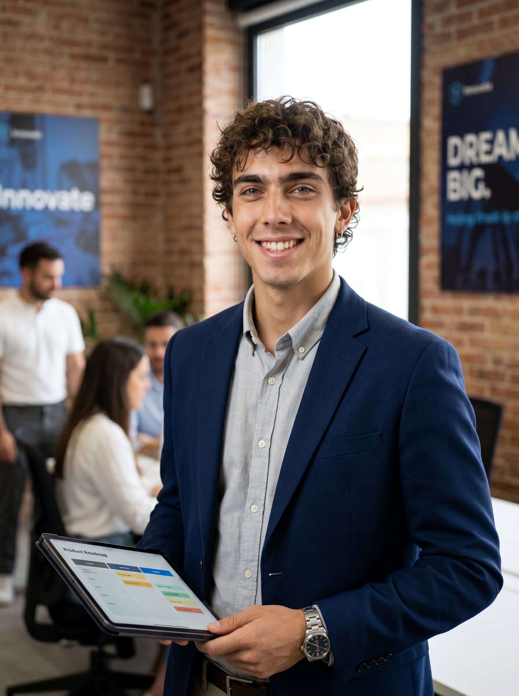 : Photograph a product manager with a welcoming smile, dressed in a smart blazer. The blurred motivational posters in the background reflect an inspiring and innovative workplace culture.