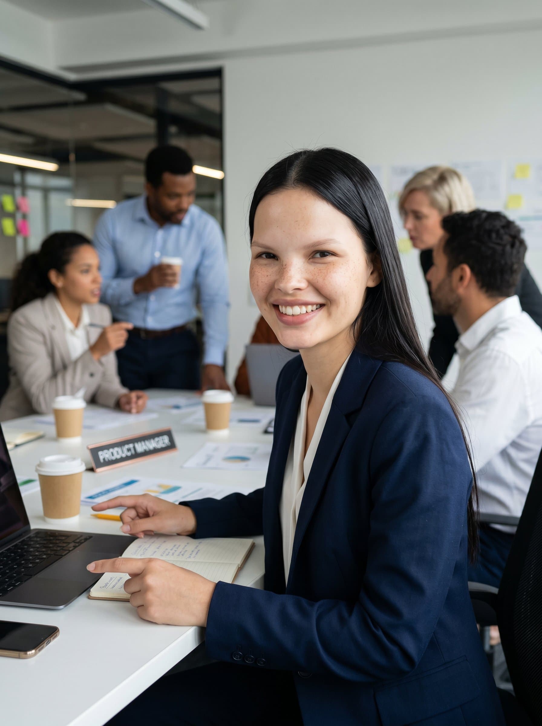 : Capture a product manager in a dynamic workspace, smiling warmly in a polished blazer. The blurred conference table suggests interactions and collaboration inherent in their innovative role.