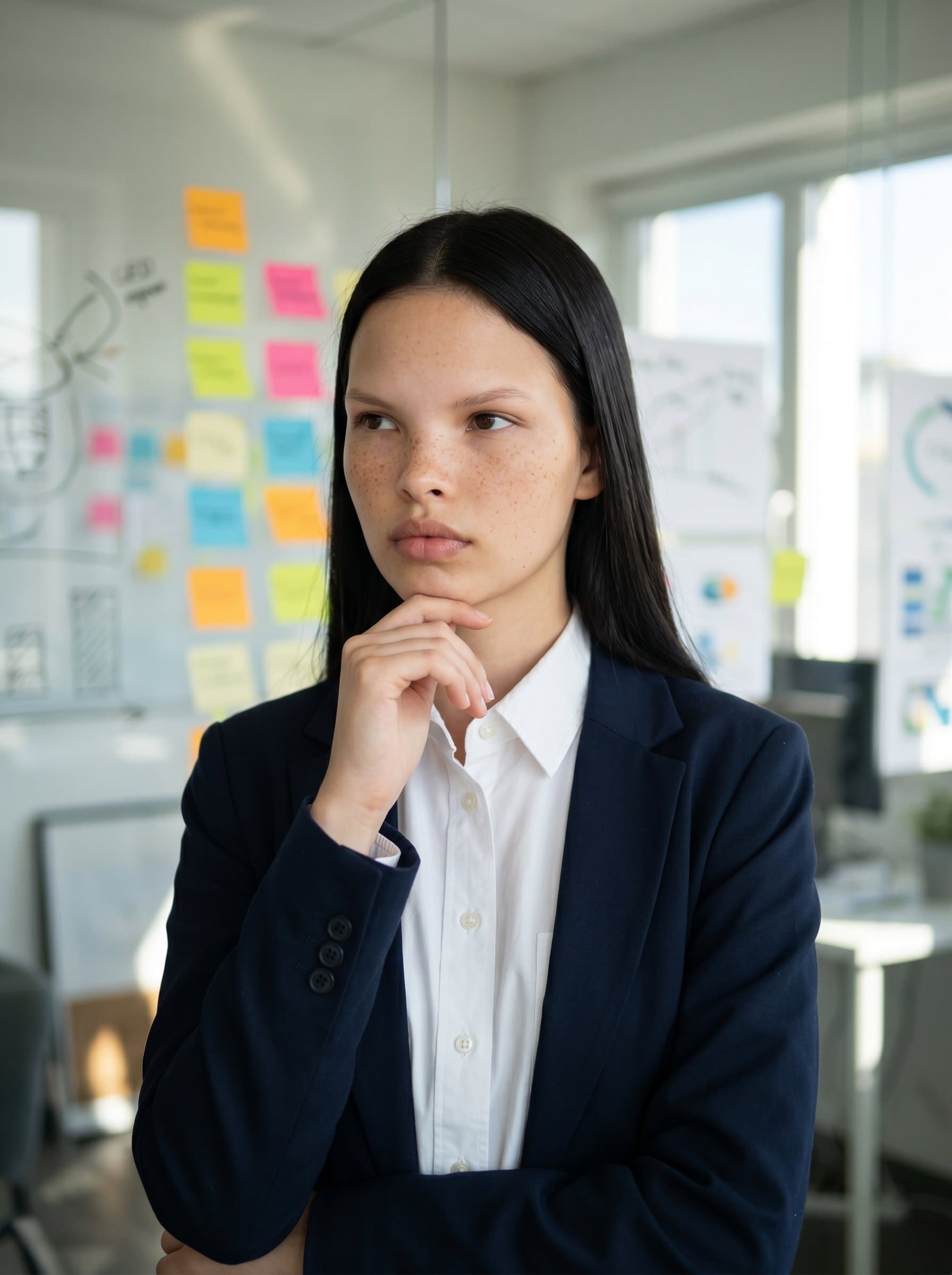 : Portrait of a product manager engaged in a thought, with a blurred view of colorful sticky notes behind them. Their crisp attire and natural lighting create an inviting and innovative appeal.