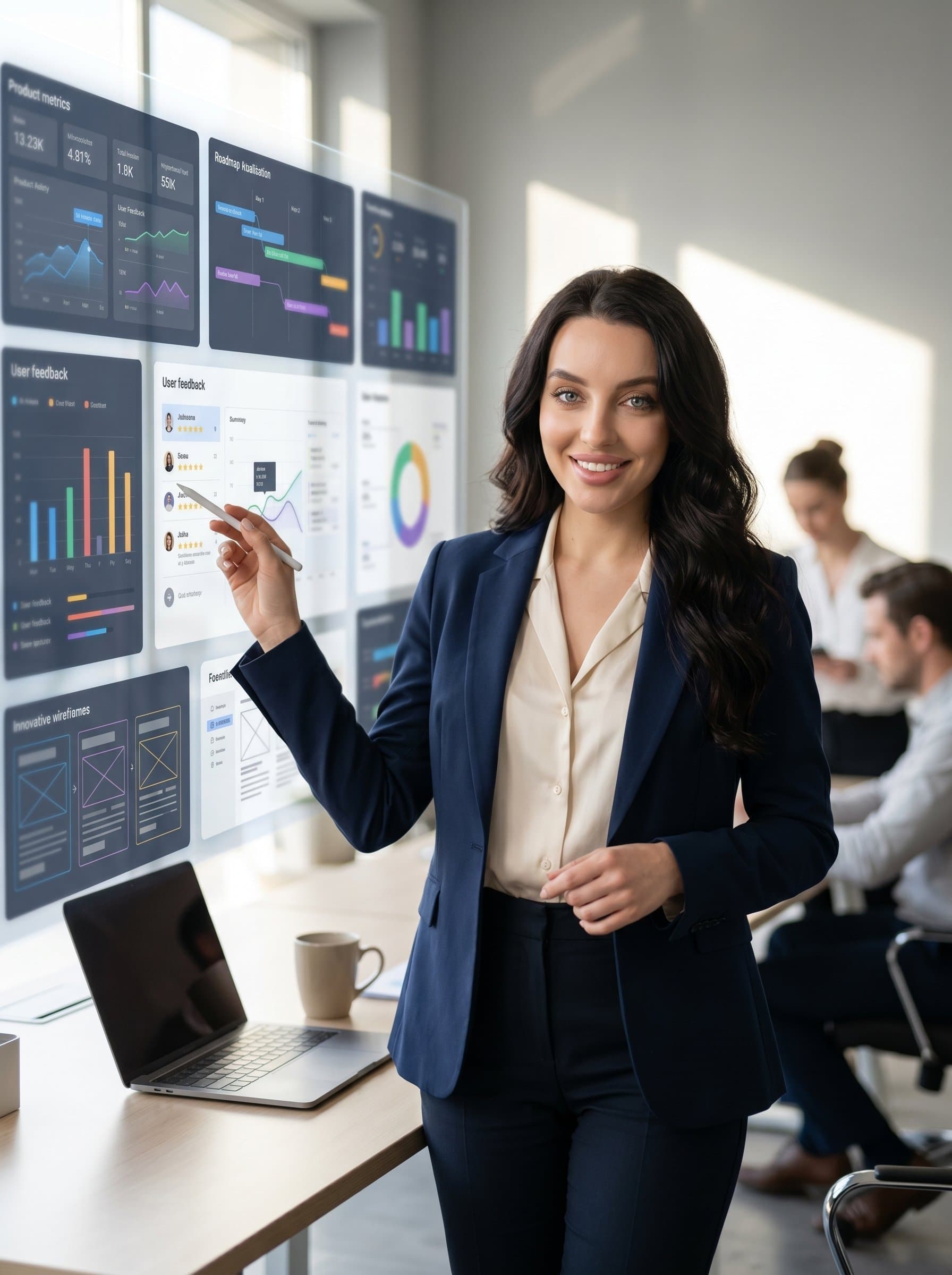 : Depict a product manager in a chic office, donning business casual attire. The blurred network of digital screens in the background highlights their tech-savvy, innovative role.