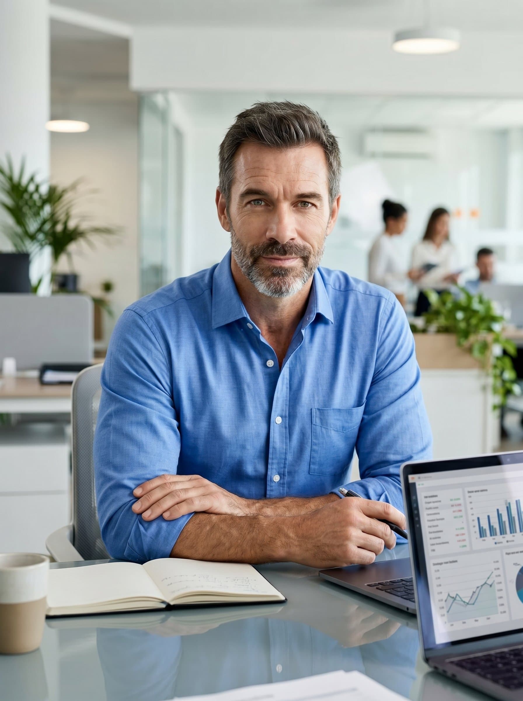 : Image of a product manager sitting confidently at a sleek desk, wearing a classic oxford shirt. The subtly blurred office lighting creates a bright, professional environment.