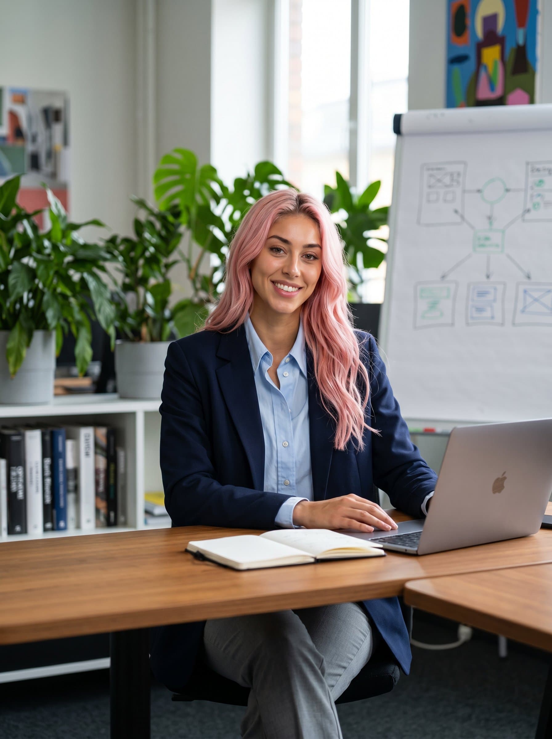 : Frame a friendly product manager in business casual attire, seated at a sleek desk. The background shows blurred plants and office decor, creating an environment of creativity and innovation.