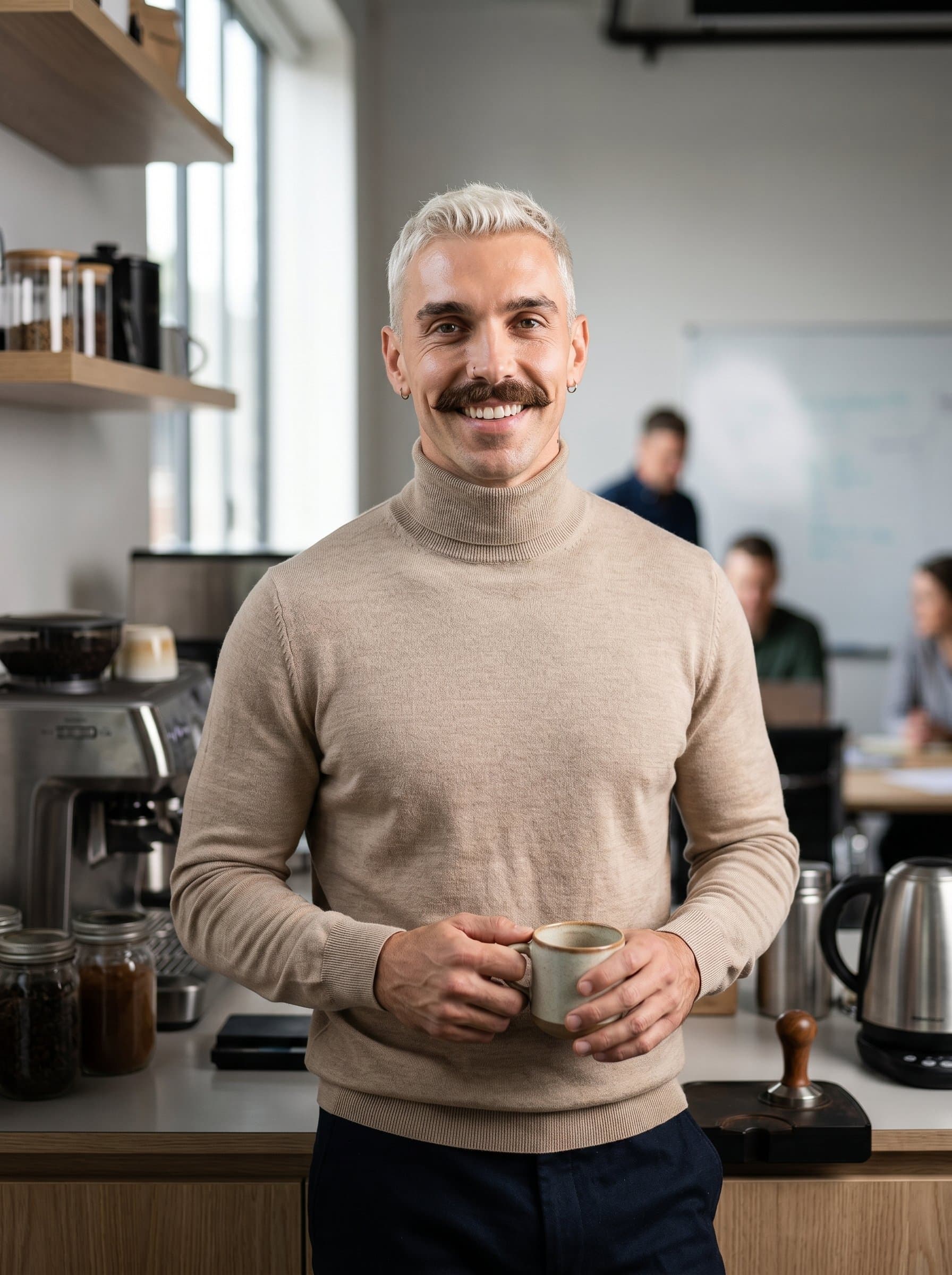 : Showcase a product manager with an open, friendly expression, wearing a stylish sweater. The blurred coffee station behind them adds a casual, approachable feel to the modern office atmosphere.