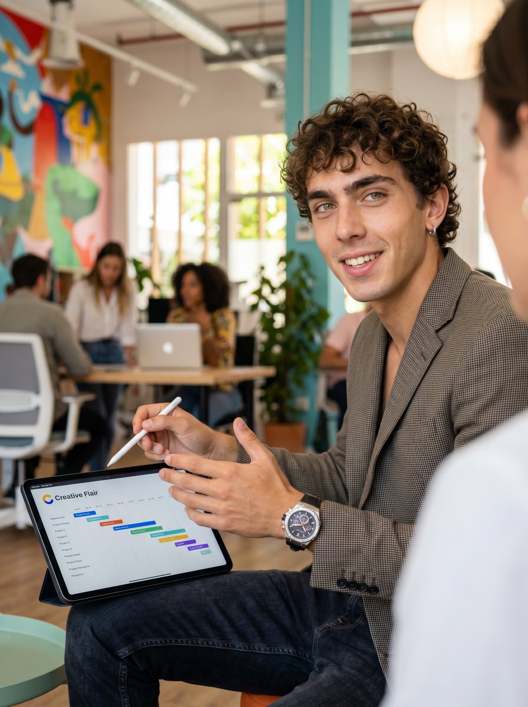 : Creative Flair project manager, photorealistic, wearing a unique accessory like a bold watch, in a vibrant coworking space, showing a dynamic and approachable personality, with focused gaze.
