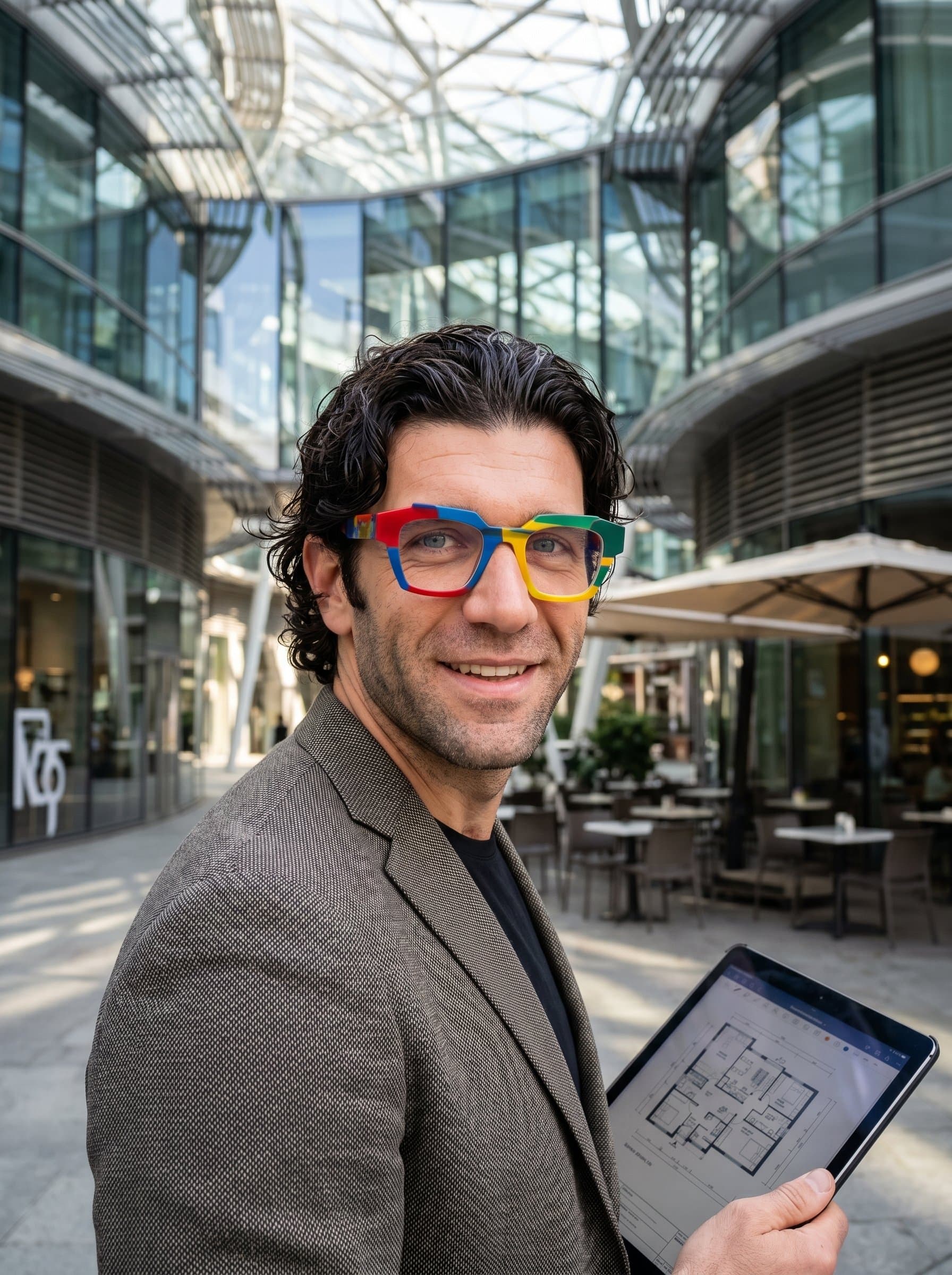 : Creative Flair project manager, with bold, colorful eyeglasses, photorealistic, positioned against an innovative architectural backdrop, showcasing a lively and engaging personality, expression full of curiosity.