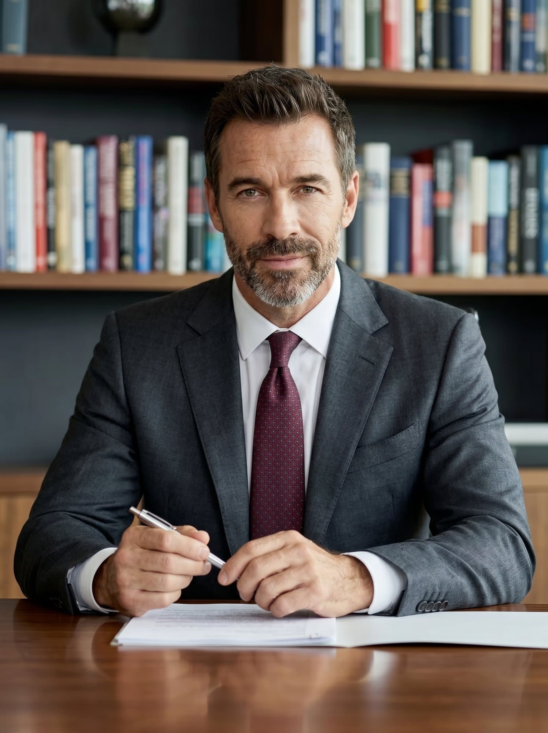 : A project manager with a Classic Corporate look, wearing a tailored suit and tie, sitting at a sleek desk, holding a pen, photorealistic, with a bookshelf in the blurred background.