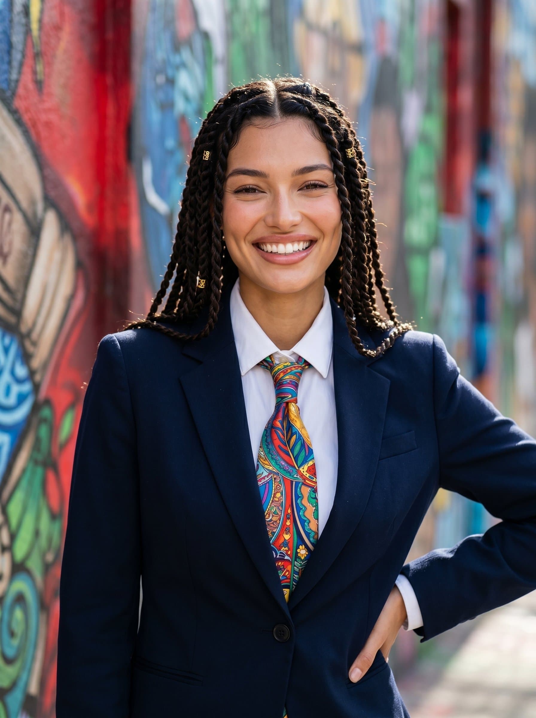 : Creative Flair project manager headshot, with a colorful tie, photorealistic, standing against a mural wall, exuding creativity and confidence, with a warm smile and vibrant energy.