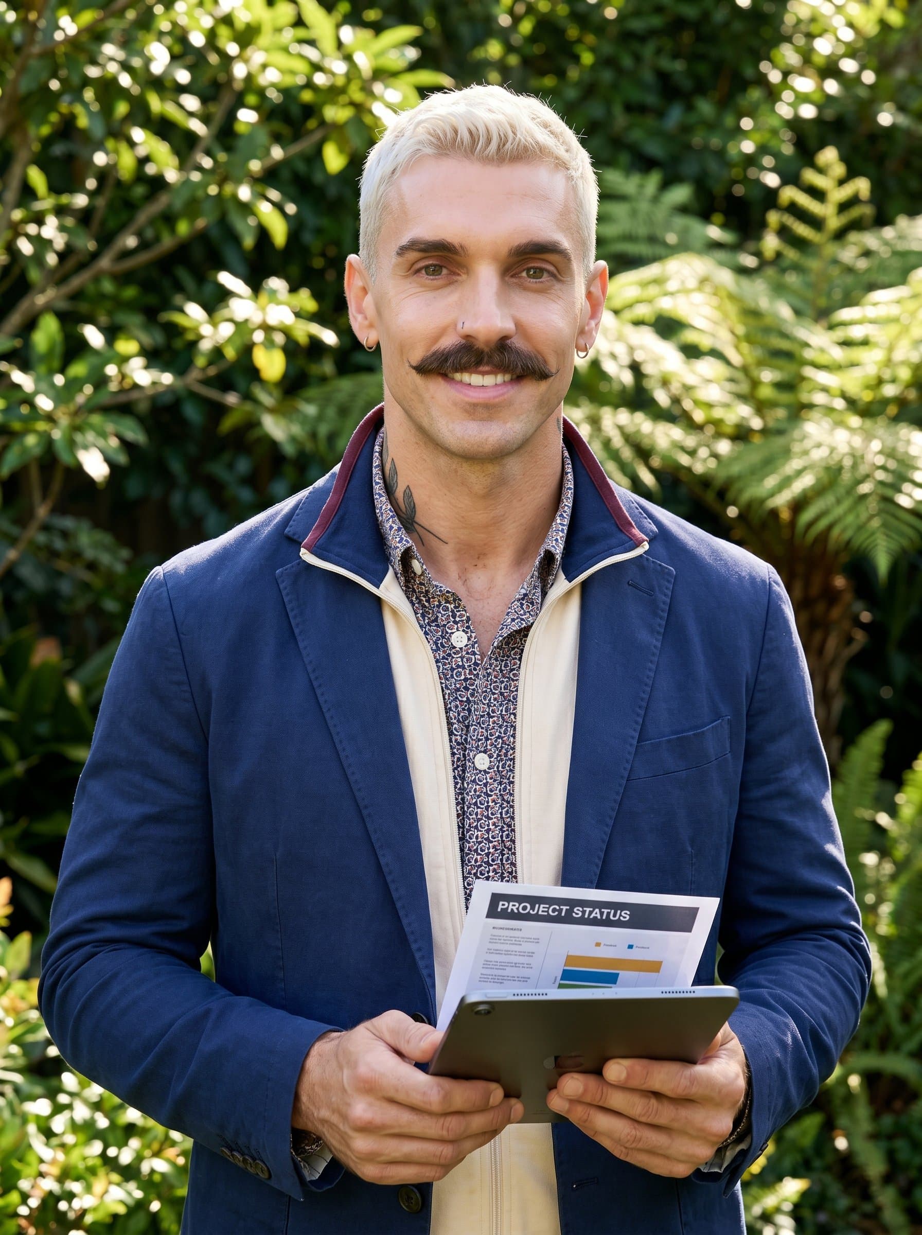 : A project manager headshot showcasing Creative Flair, set outdoors, with a casual business jacket, slight smile, surrounded by green foliage, conveying a relaxed confidence, photorealistically detailed.